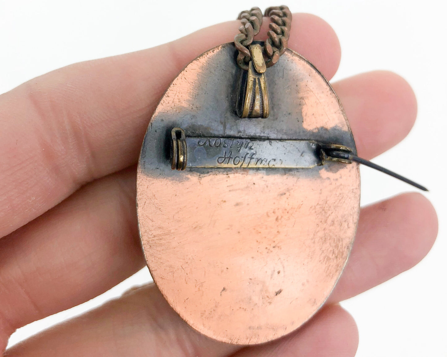 1960s Copper Pendent Necklace | 60s Modern Pendant Pin Necklace | Rosyln Hoffman