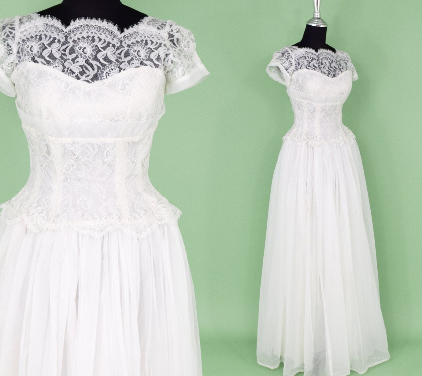 1950s White Lace & Chiffon Wedding Gown, Princess Dress, Extra Small