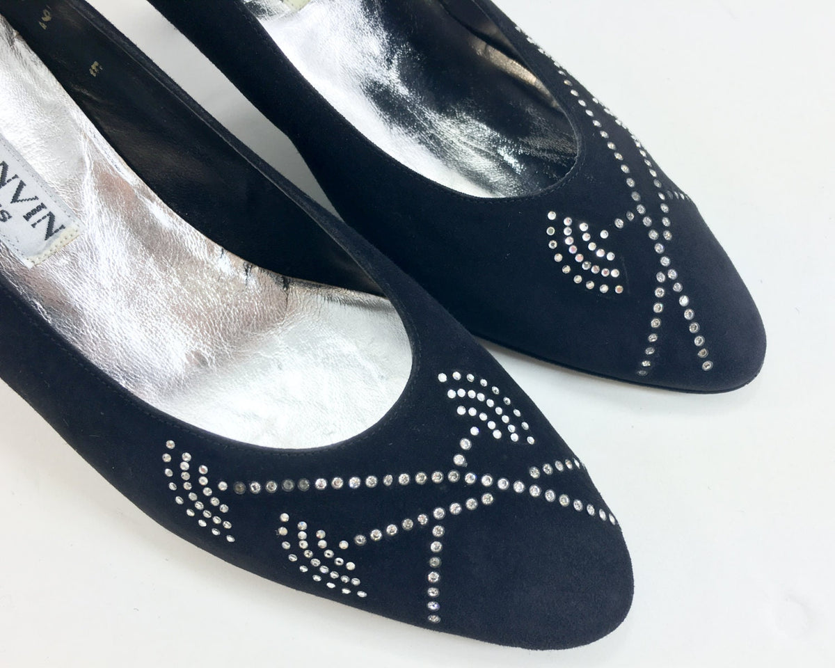 1980s Lanvin Black Suede Rhinestone Embellished Heels, US 9, 38