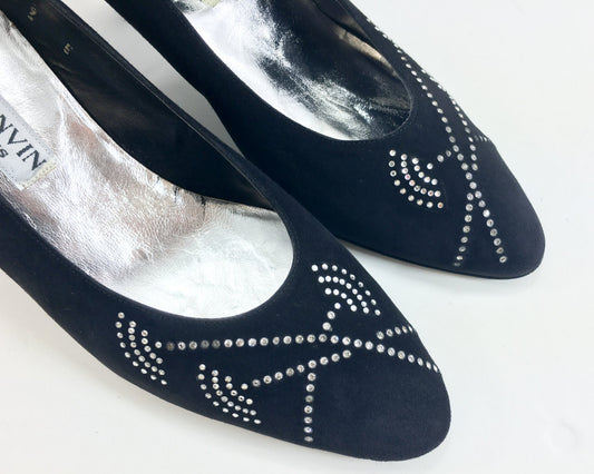 1980s Lanvin Black Suede Rhinestone Embellished Heels, US 9, 38