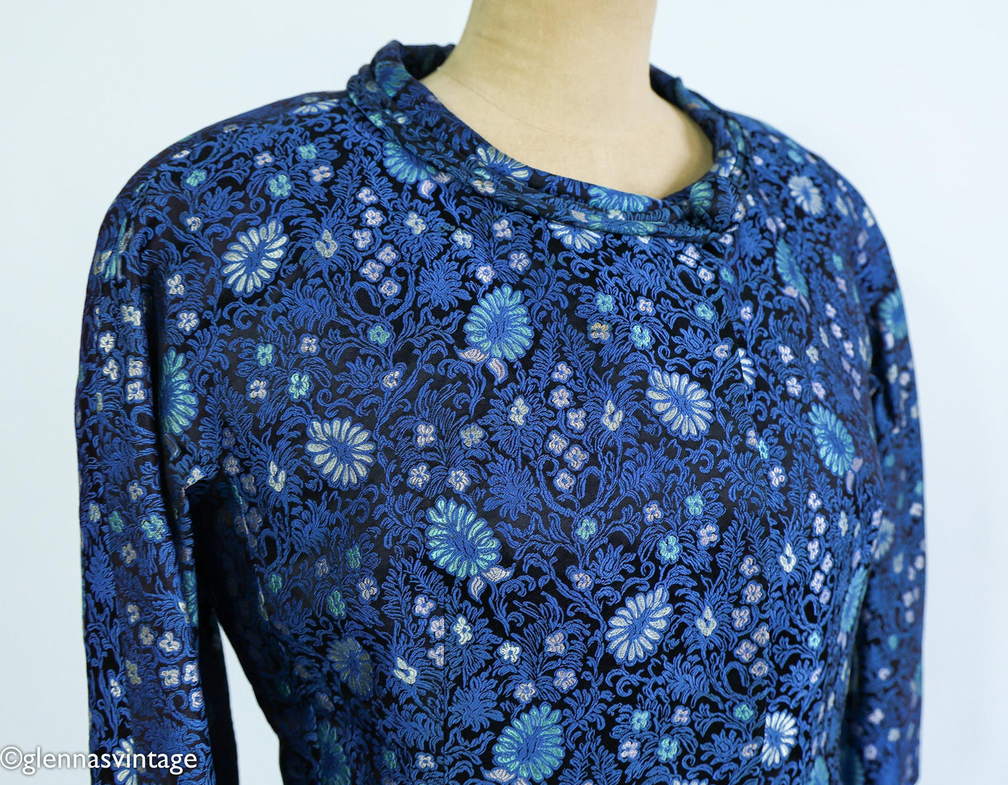 1960s Blue Brocade Dress & Jacket Set | 60s Navy Blue Print Brocade Dress Set | Mary Louise | Small
