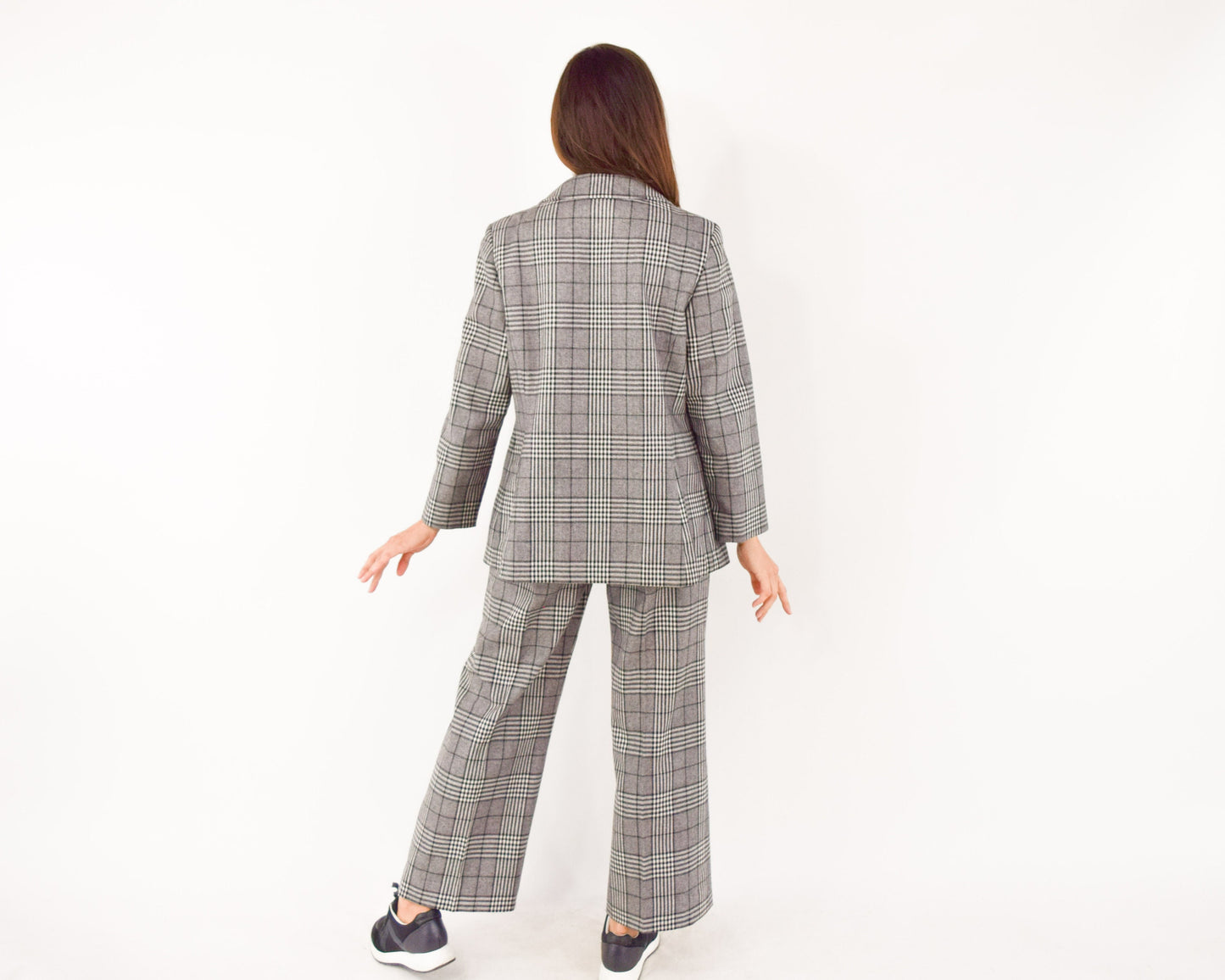 1970s Gray Plaid Wool Pantsuit, Jacket & Pants Set, Large