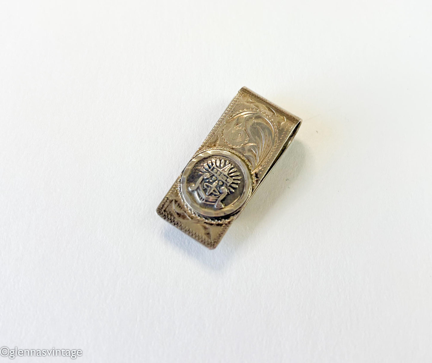 1950s Mexican Silver Money Clip | Aztec Mask Emblem