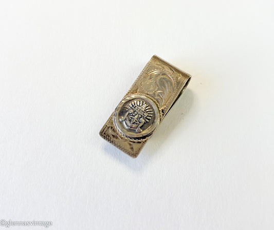 1950s Mexican Silver Money Clip | Aztec Mask Emblem