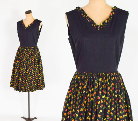 1950s Vintage Black Cotton Floral Dress | Sleeveless Rockabilly, Medium