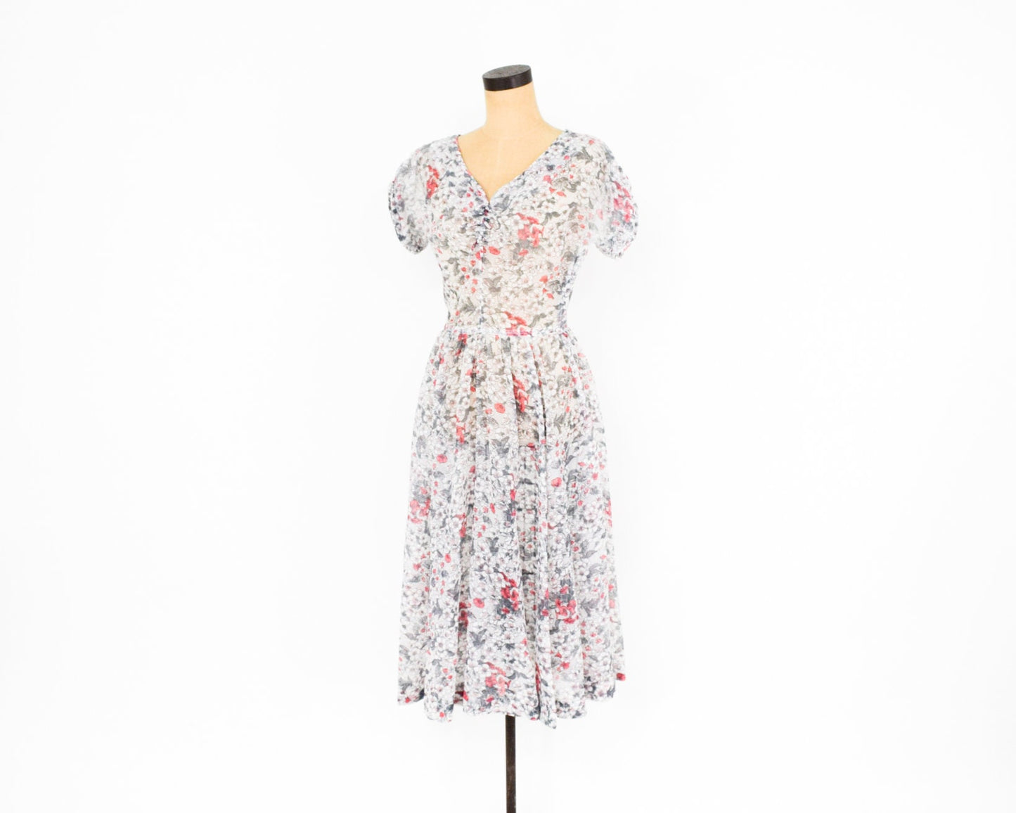 1950s White Pink Gray Floral Nylon Dress, Medium