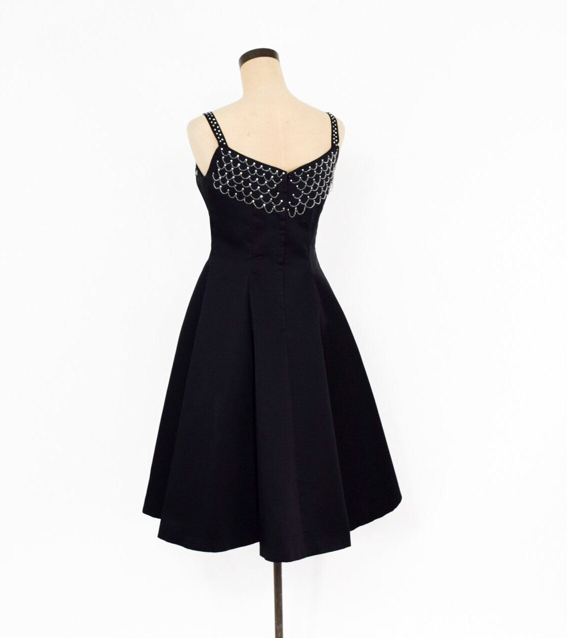 1950s Black Satin Cocktail Dress | 50s Black Beaded Satin Evening Dress | Golden Gate | Medium