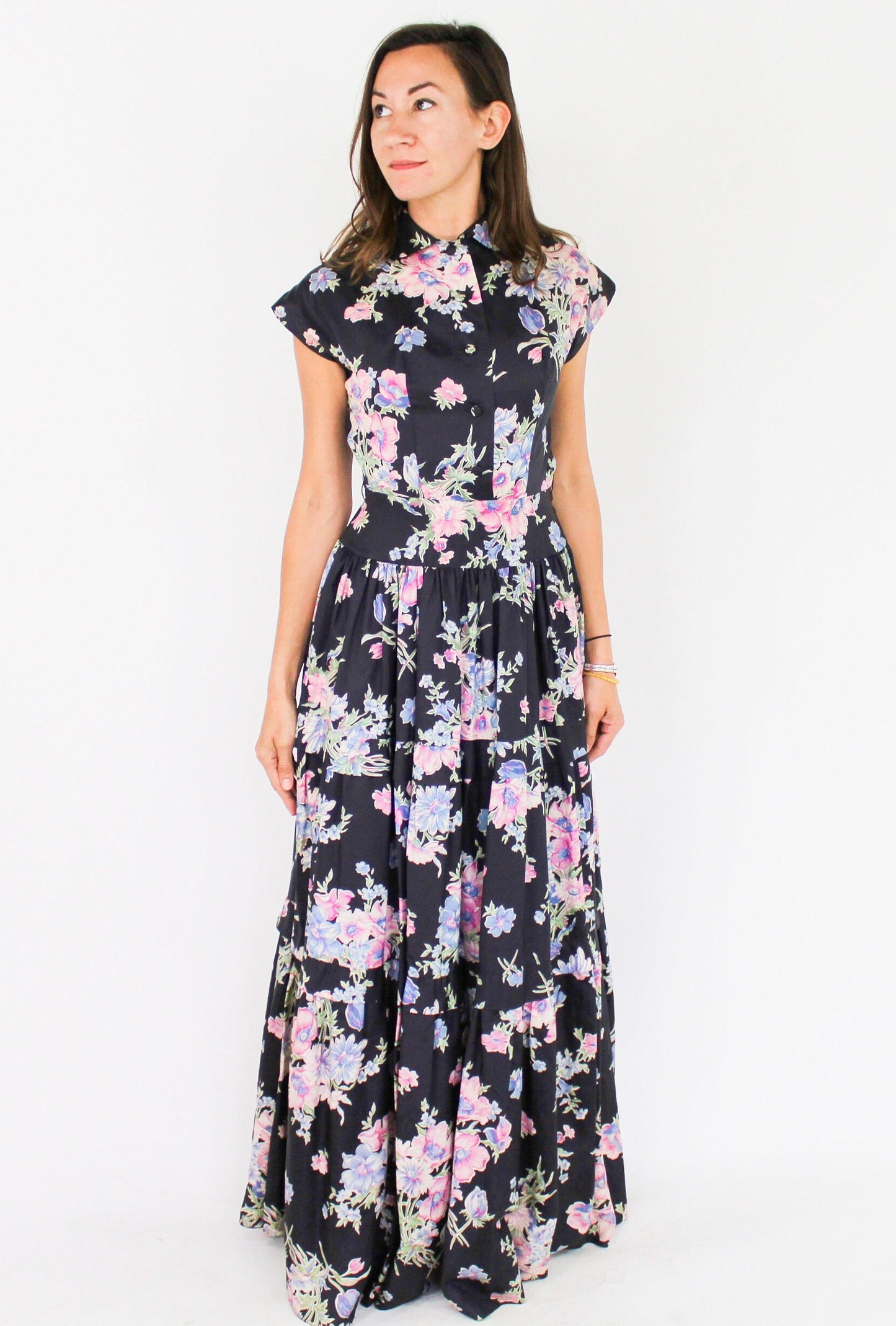 1940s Black Floral Print Evening Dress | 40s Black Flowered Sleeveless Hostess Gown | The Linzi Line | Small