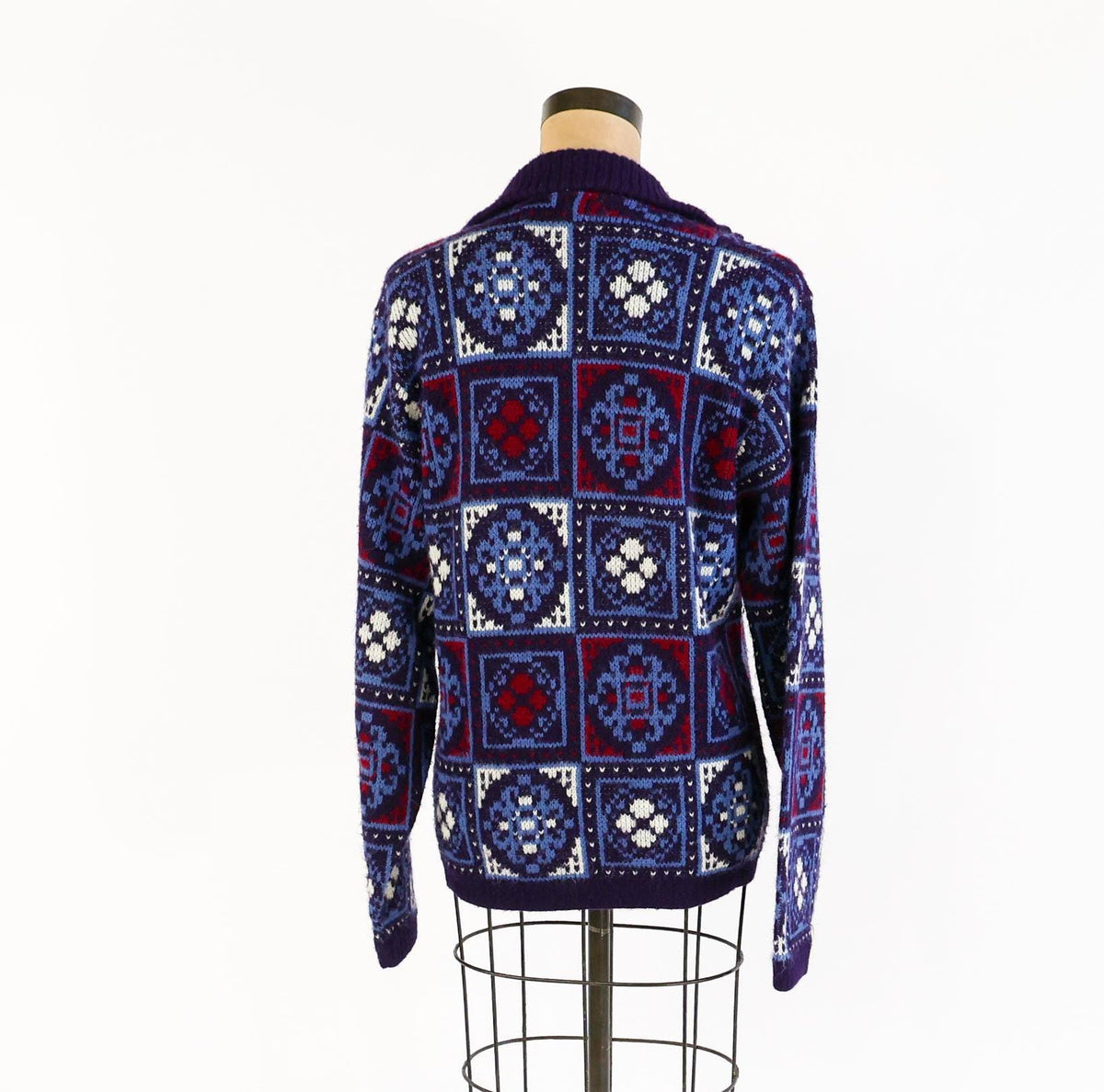 1960s Jantzen Nordic Cardigan Sweater Jacket, Blue & White Knit, Large