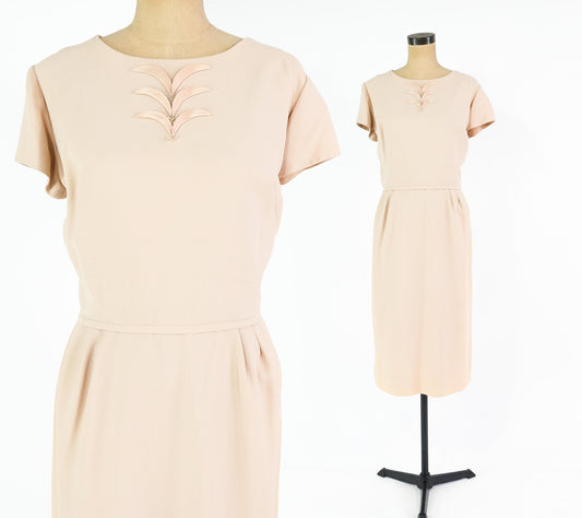 1950s Vintage Beige Sheath Dress, 32" Waist