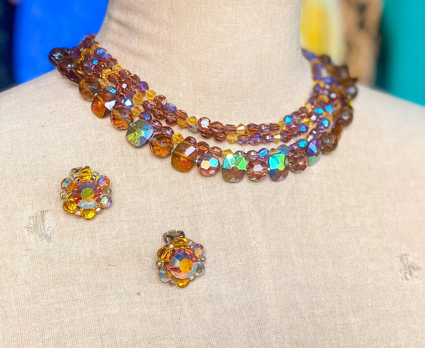 1950s Gold Crystal Necklace Set & Clip Earrings Set, De Mario Jewelry Set