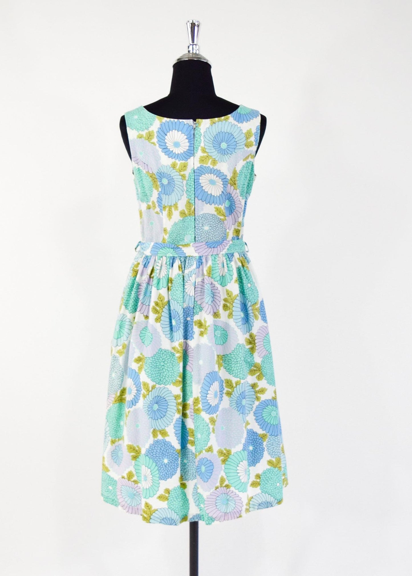1950s Blue Turquoise Floral Print Cotton Day Dress, Medium