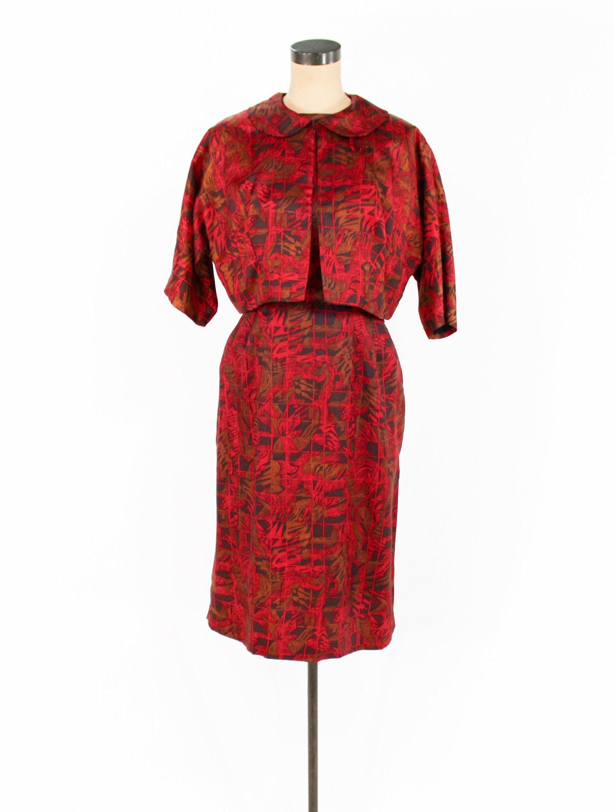 1950s Red Print Dress & Jacket | 50s Red Sheath Set | Large