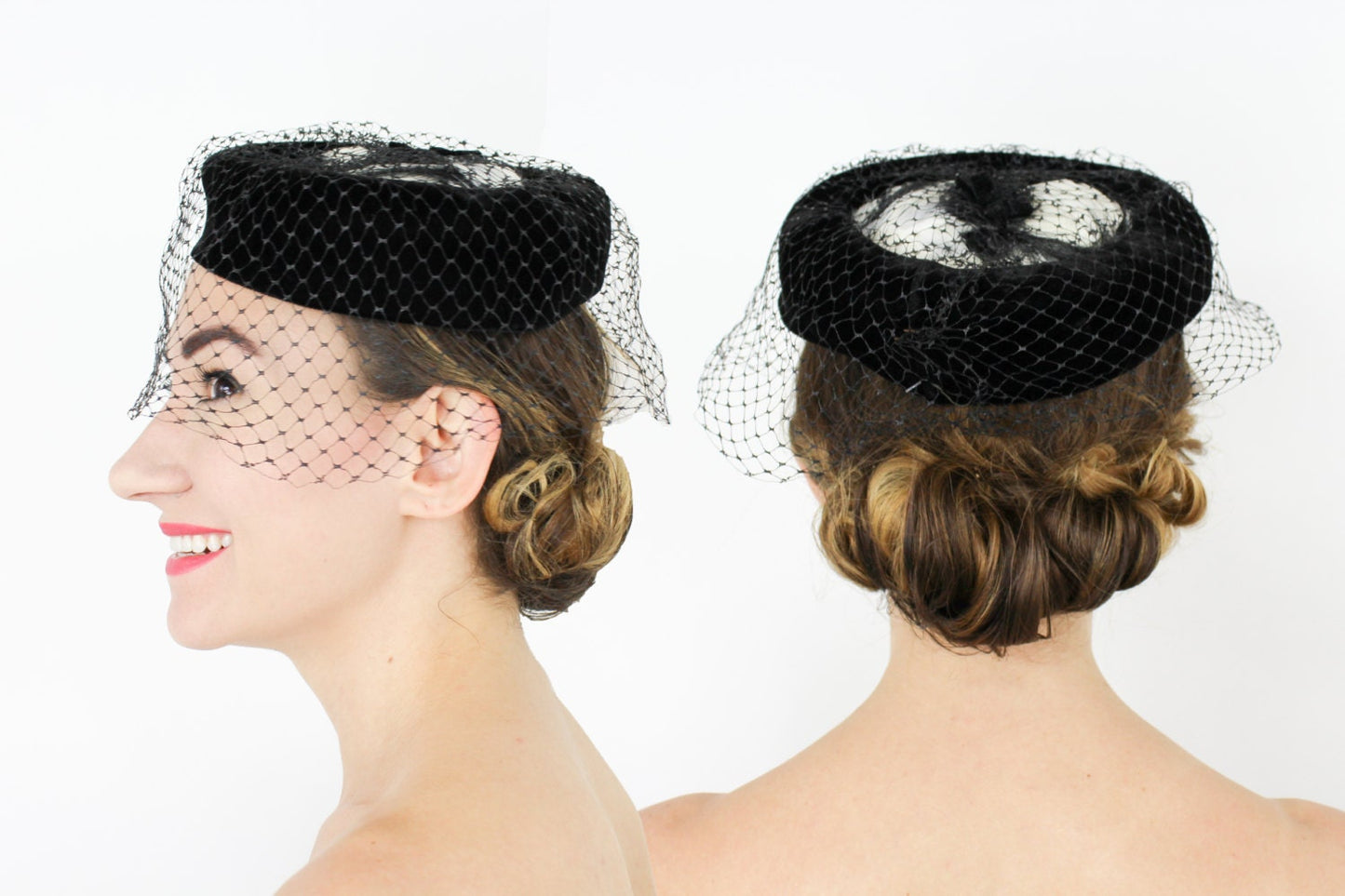 1950s Black Velvet & White Feather Pillbox Ring Hat