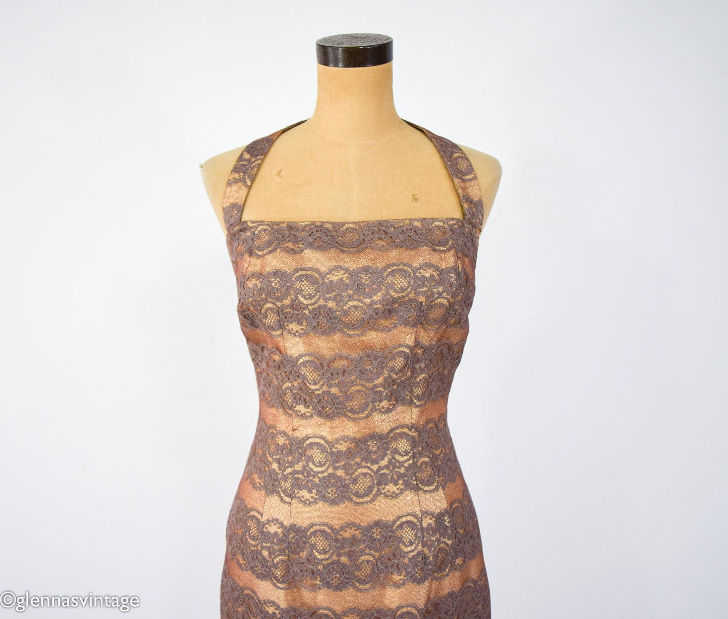 1950s Gold Lame & Brown Lace Sheath, Small