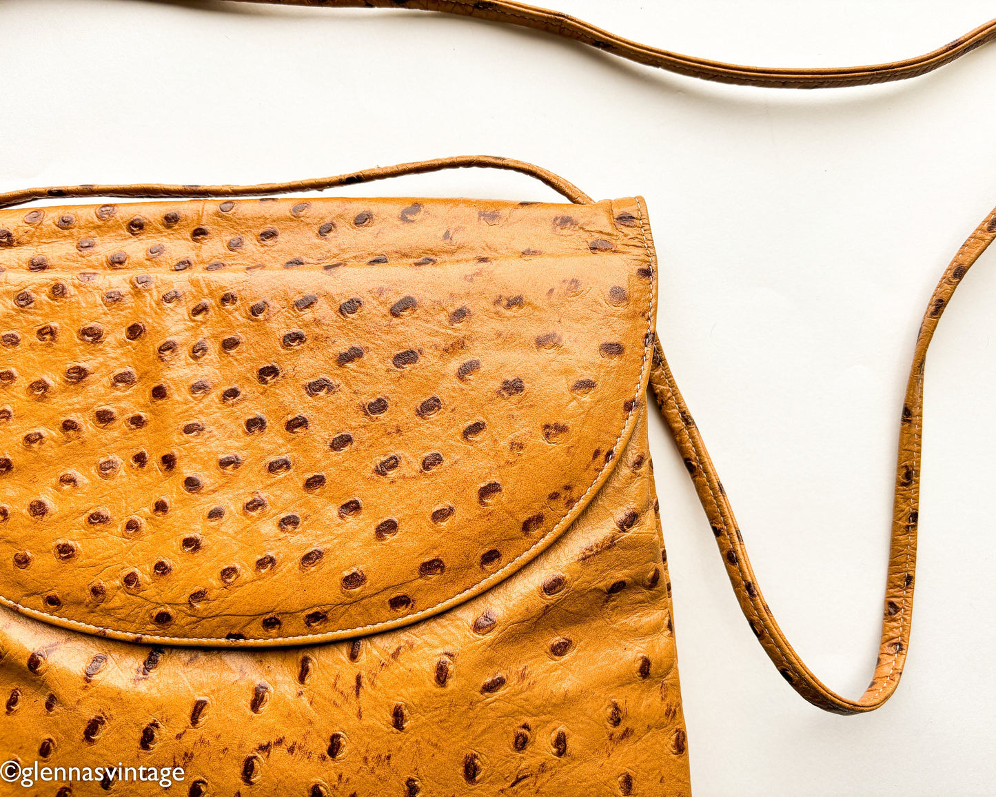 1980s Ostrich Embossed Leather Shoulder Bag | 80s Ostrich Carmel Leather Purse
