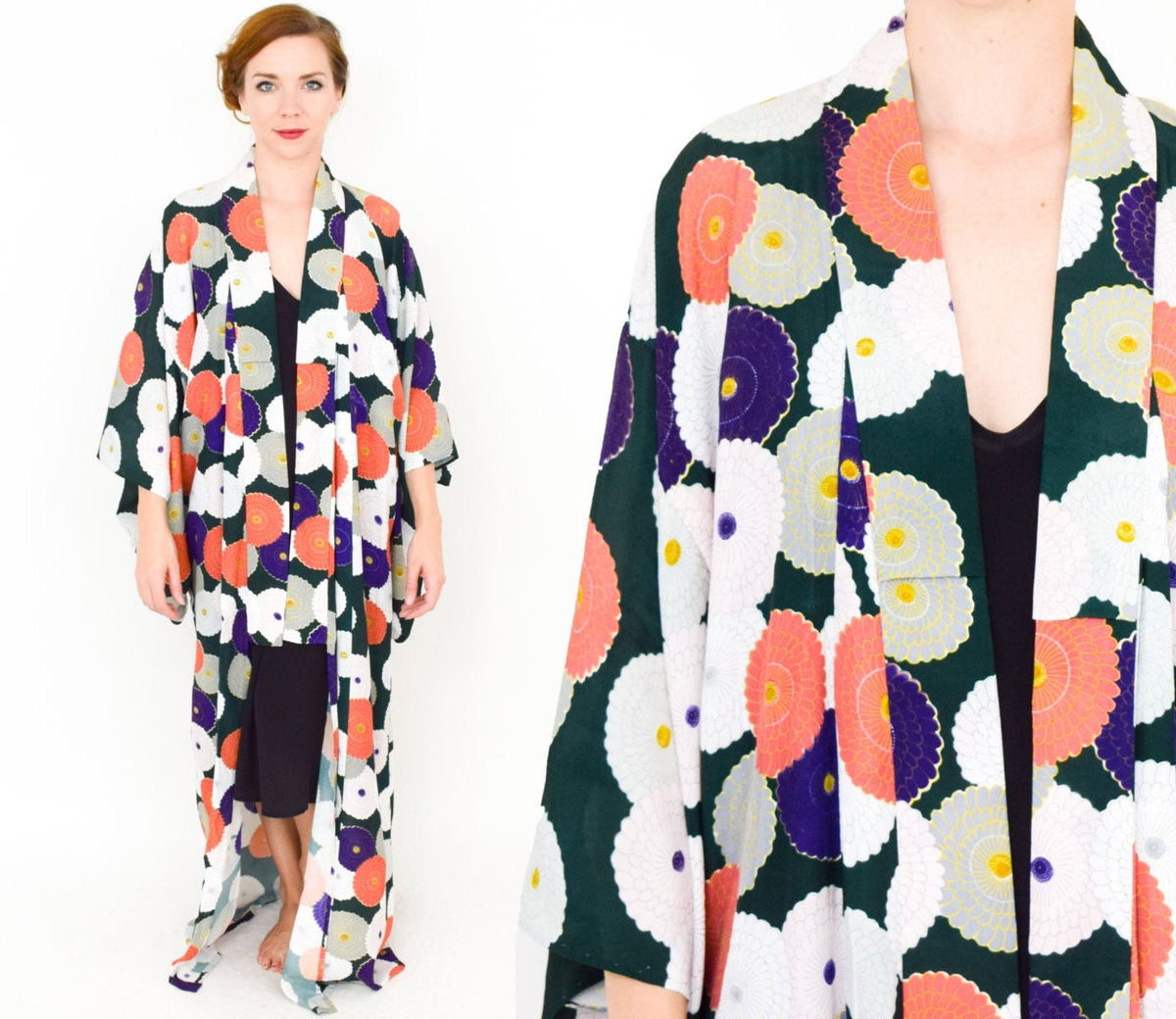 Floral Chrysanthemum Kimono Robe | Green, Orange, Purple