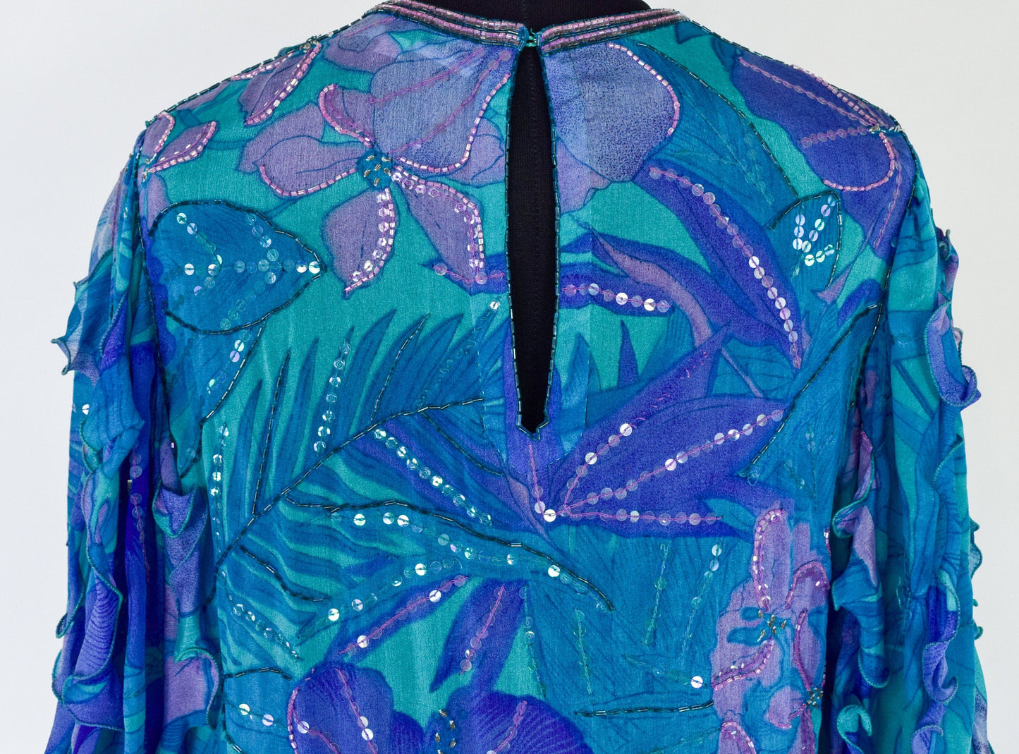 1980s Blue Silk Chiffon Ruffled Party Dress | 80s Blue Beaded Chiffon Dress | Judith Ann Creations | Medium