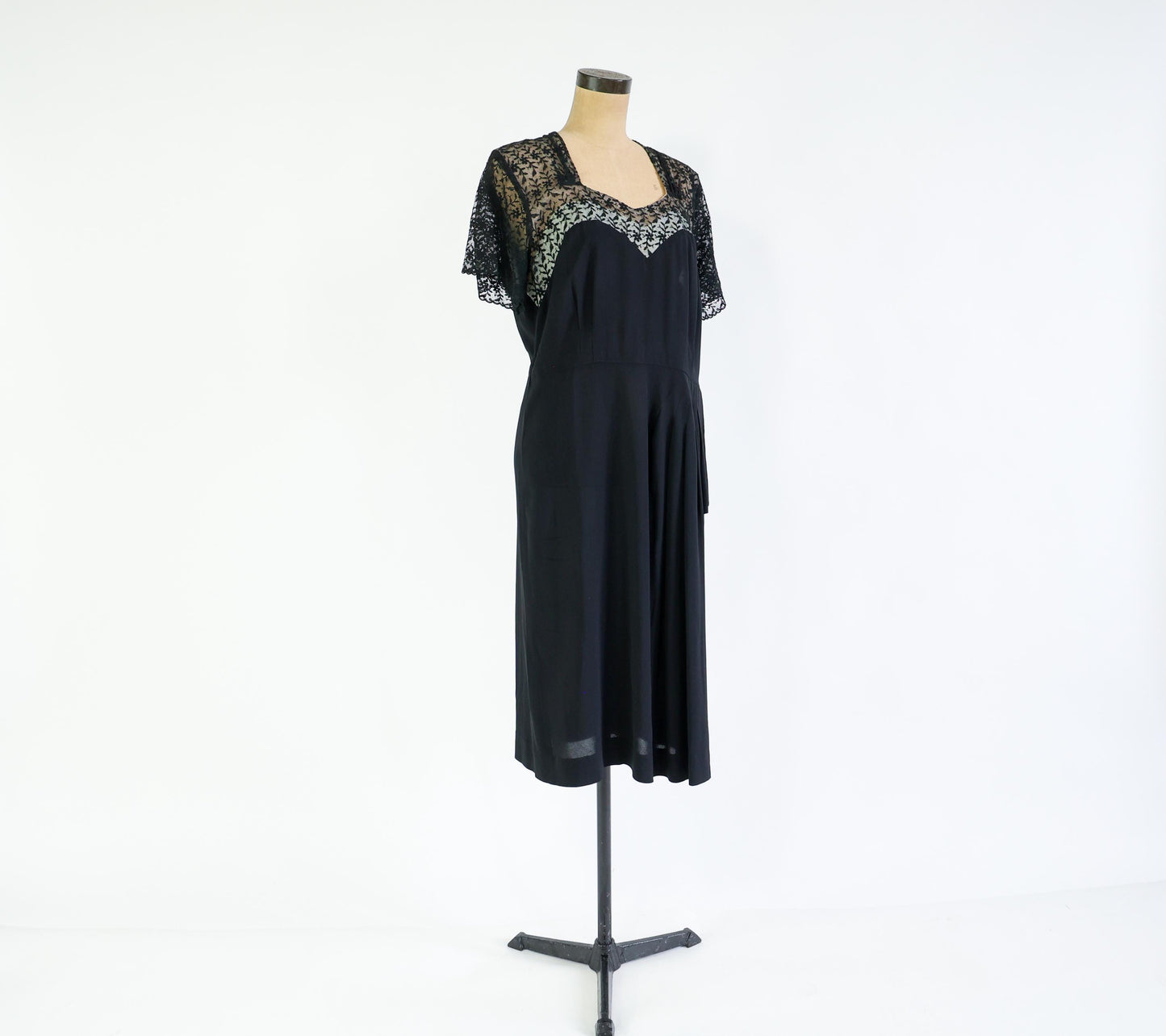 1940s Black Lace Crepe Dress, 34" Waist