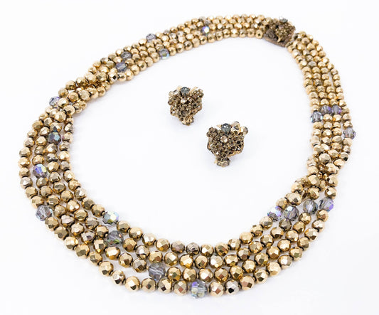 Eugene | 1950s Bronze Crystal Necklace & Earrings Set | 50s Bronze Crystal Evening Jewelry Set | Gold Crystal Necklace Set | Eugene