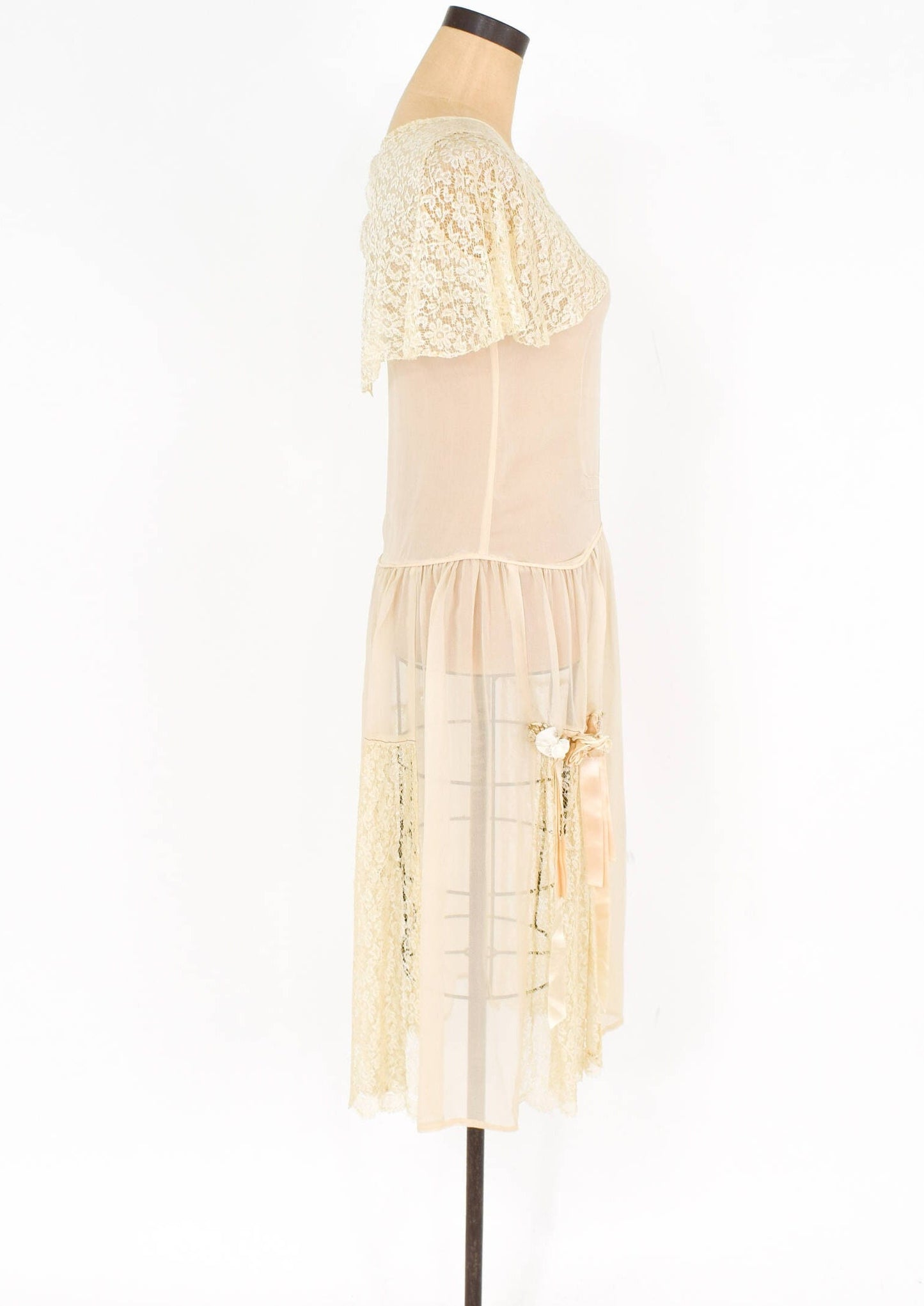 1920s Ivory Silk Chiffon Dress | 20s Ivory Chiffon & Lace Dress | Wedding  | Small