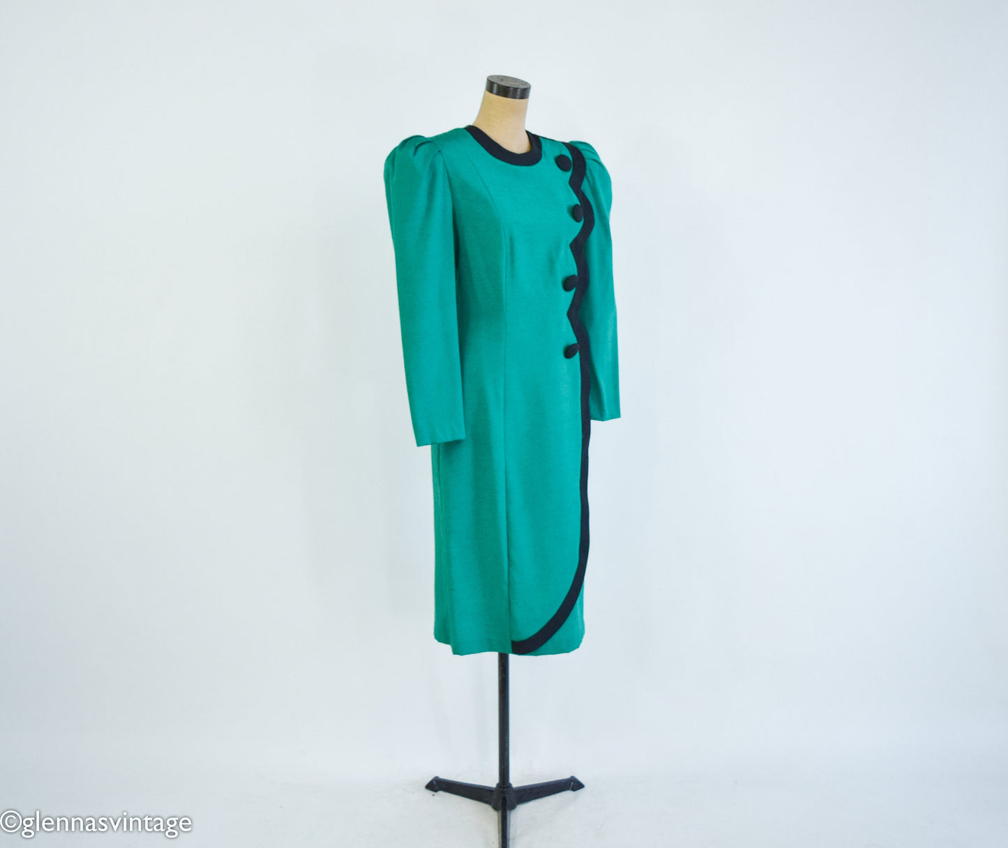 1980s Green Dress with Black Trim, Etoile Collection, Large