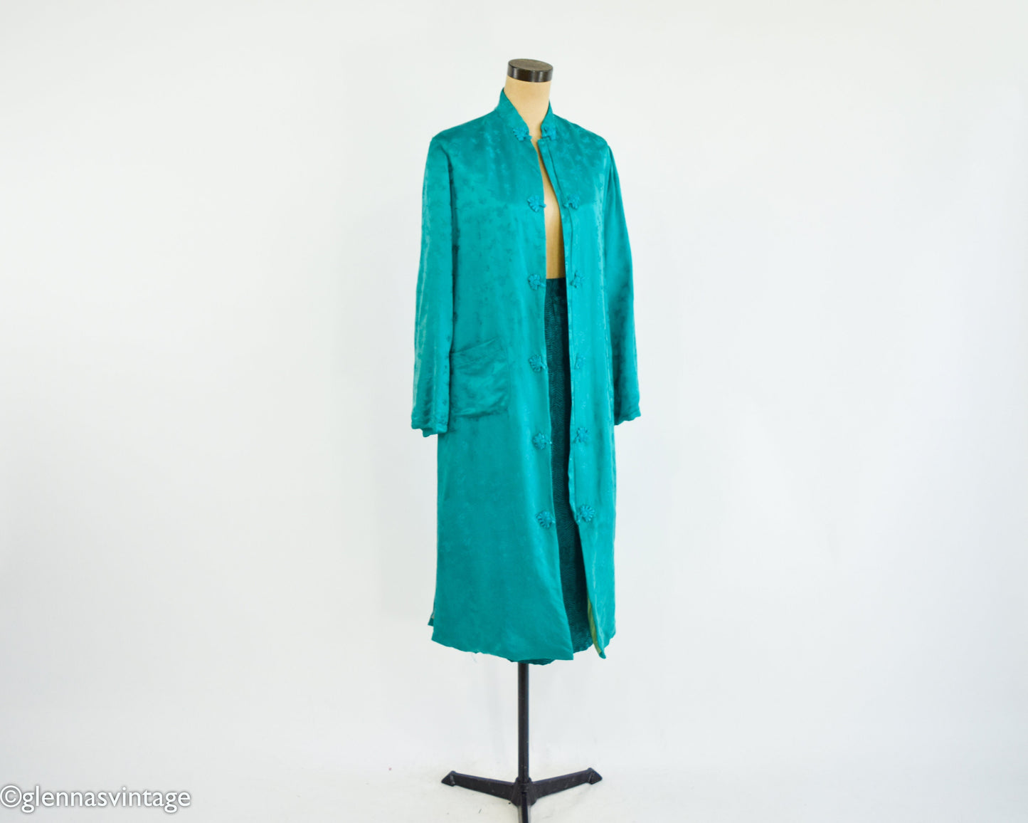 1960s Turquoise Silk Evening Coat | 60s Emerald Green Silk Coat | Cathay | Large