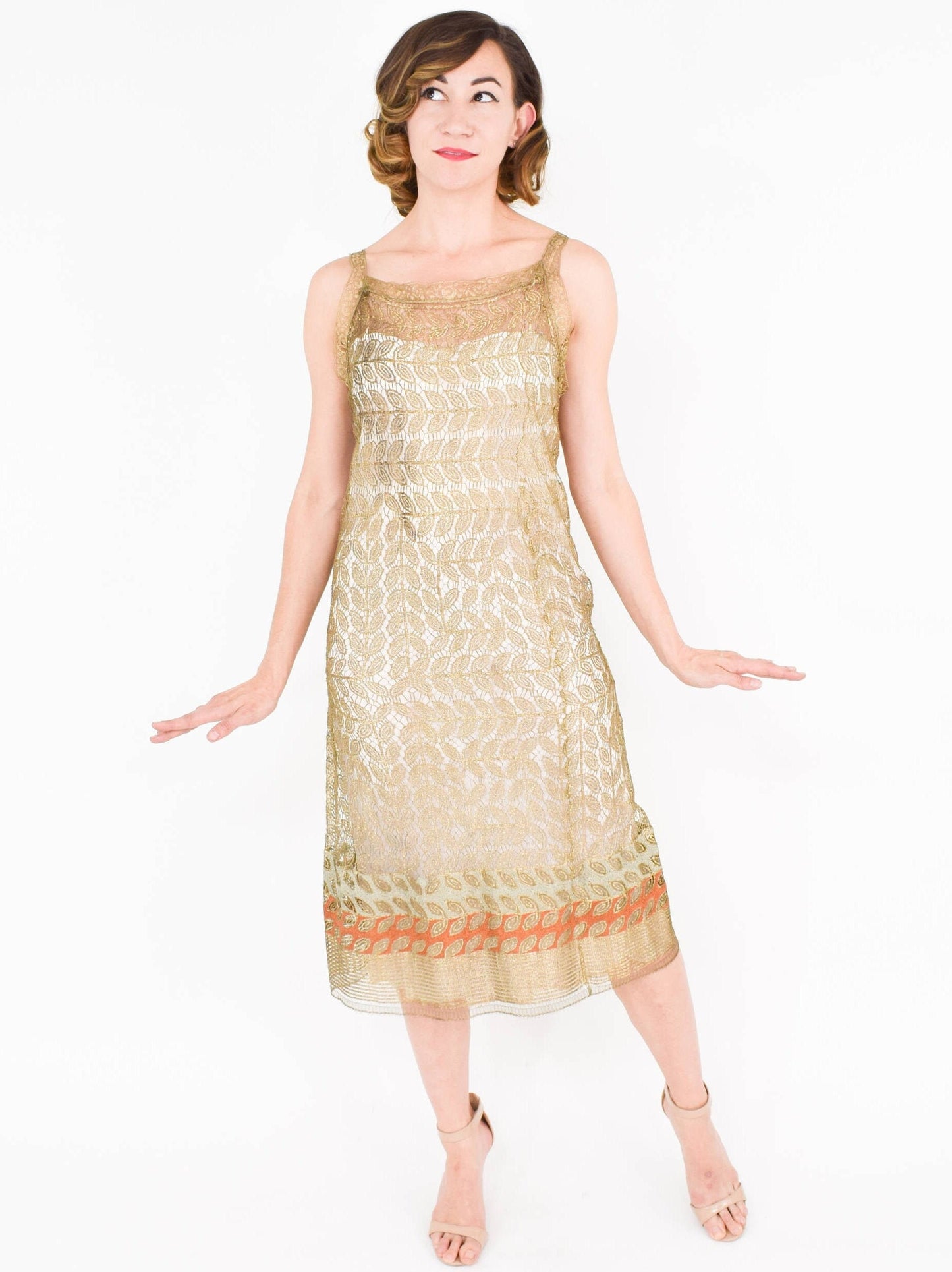 1920s Gold Lace Evening Dress, Gold Metallic Sheath Dress, Medium