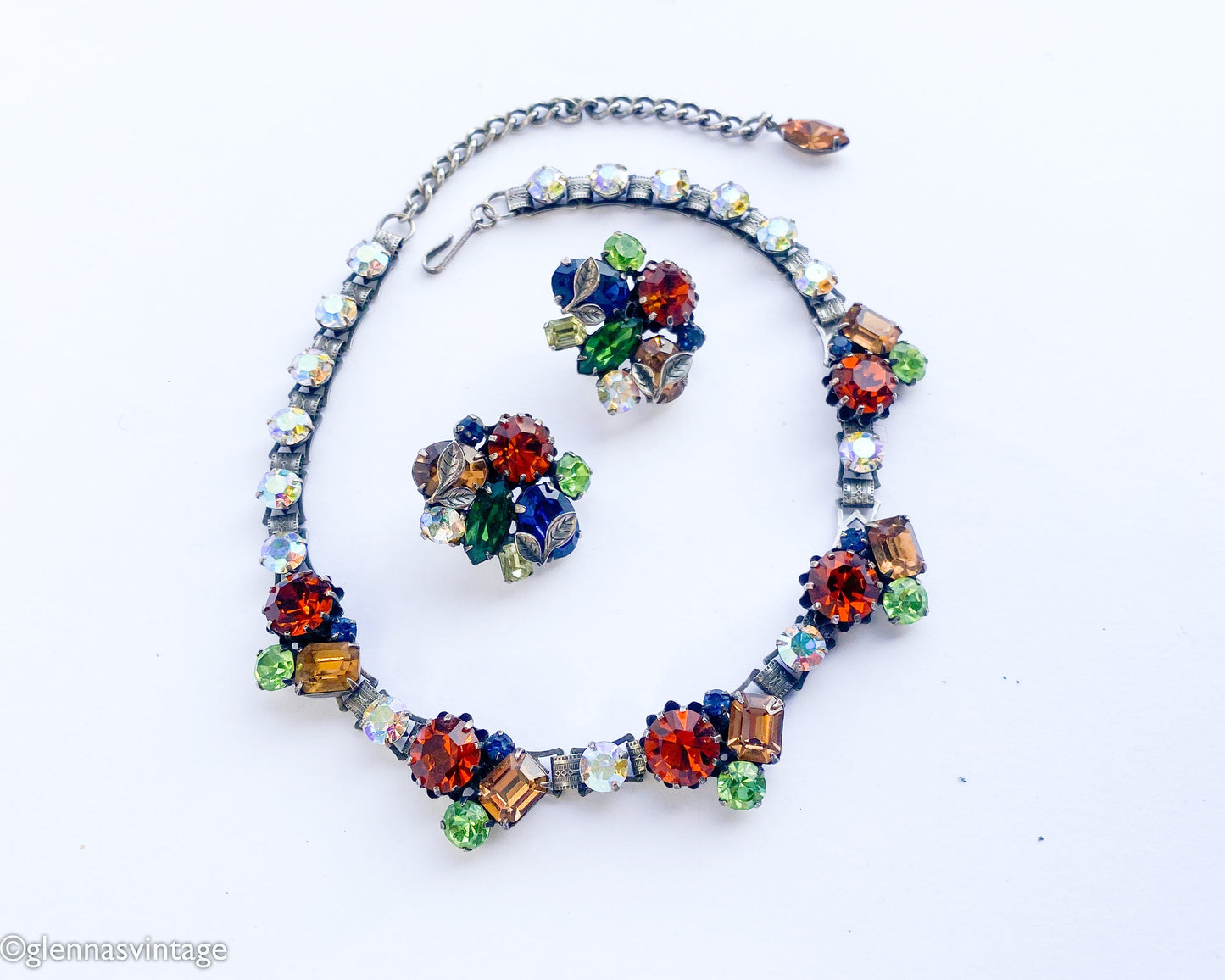 Vendôme | 1940s Rhinestone Necklace Earrings Jewelry Set | 40s Autumn Rhinestone Evening Necklace Set | Vendôme