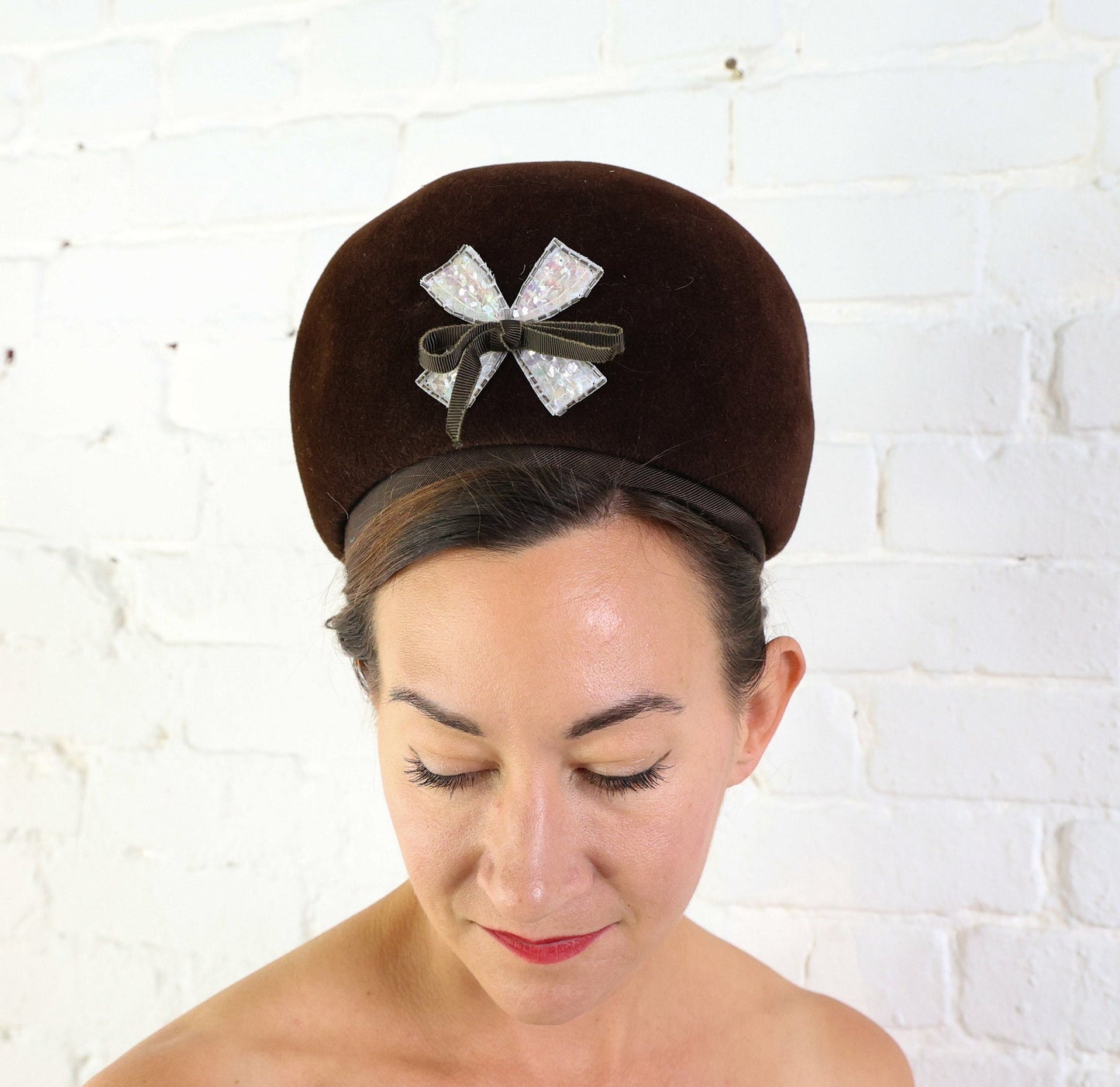 1960s Brown Wool Bubble Hat with Sequins