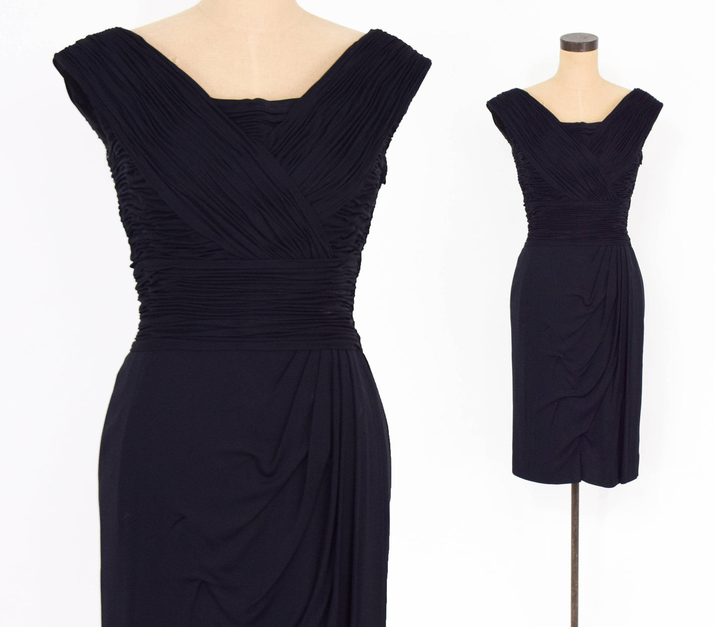 1940s Black Ruched Cocktail Dress | 40s Black Jersey Evening Dress | Wiggle Dress | Schrenders Germany | Medium