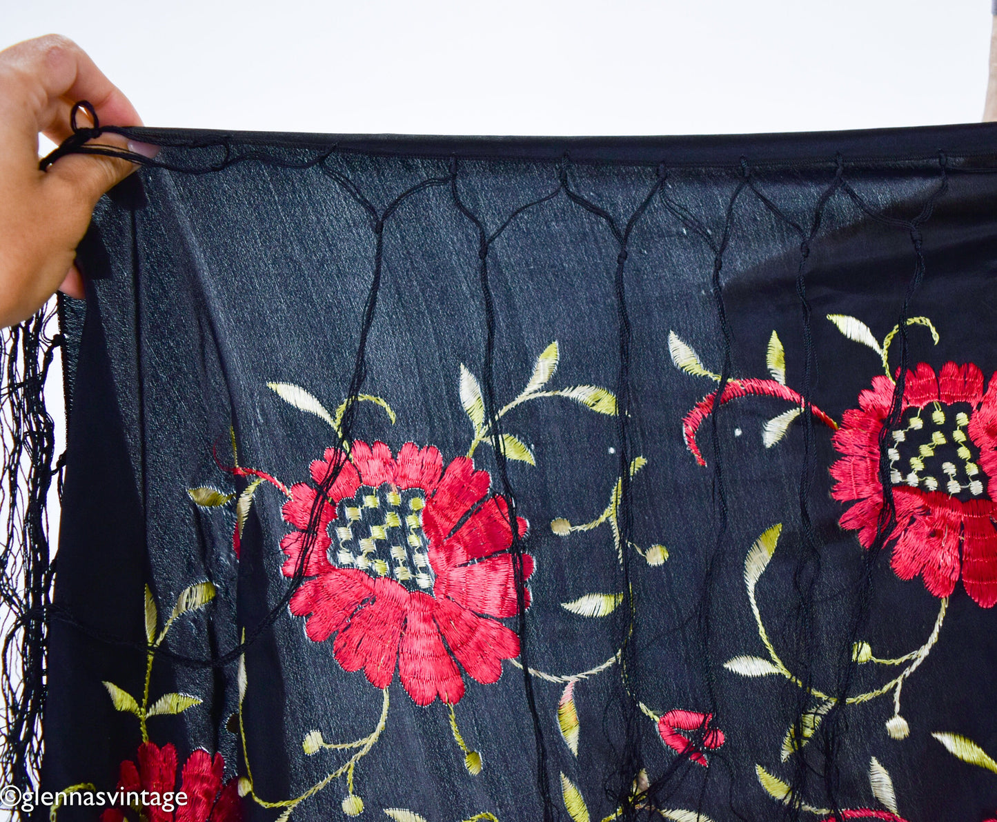 1910s Black & Red Embroidered Silk Piano Shawl Scarf
