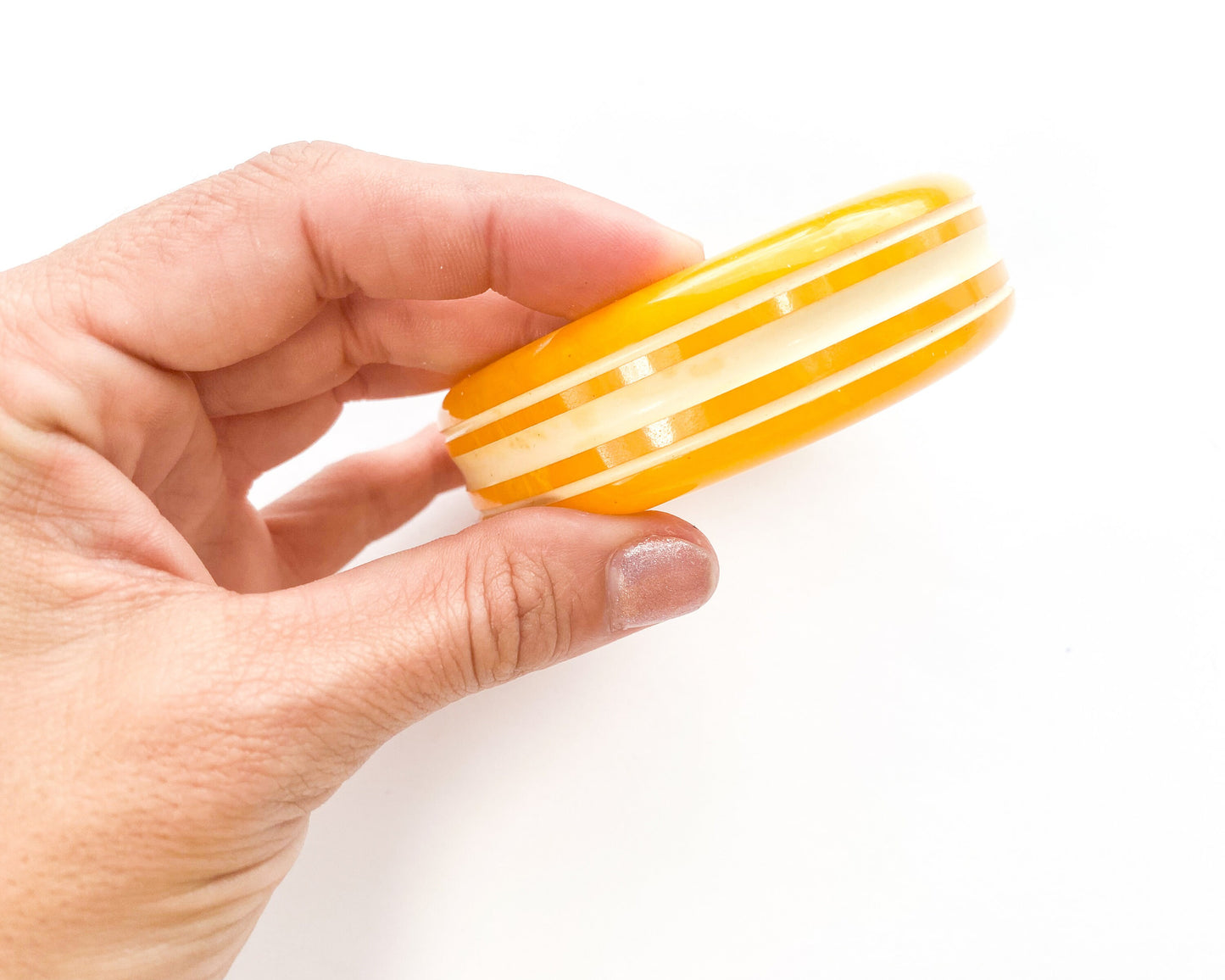 1940s Yellow Bakelite Bangle | Gold & White Stripe Bracelet