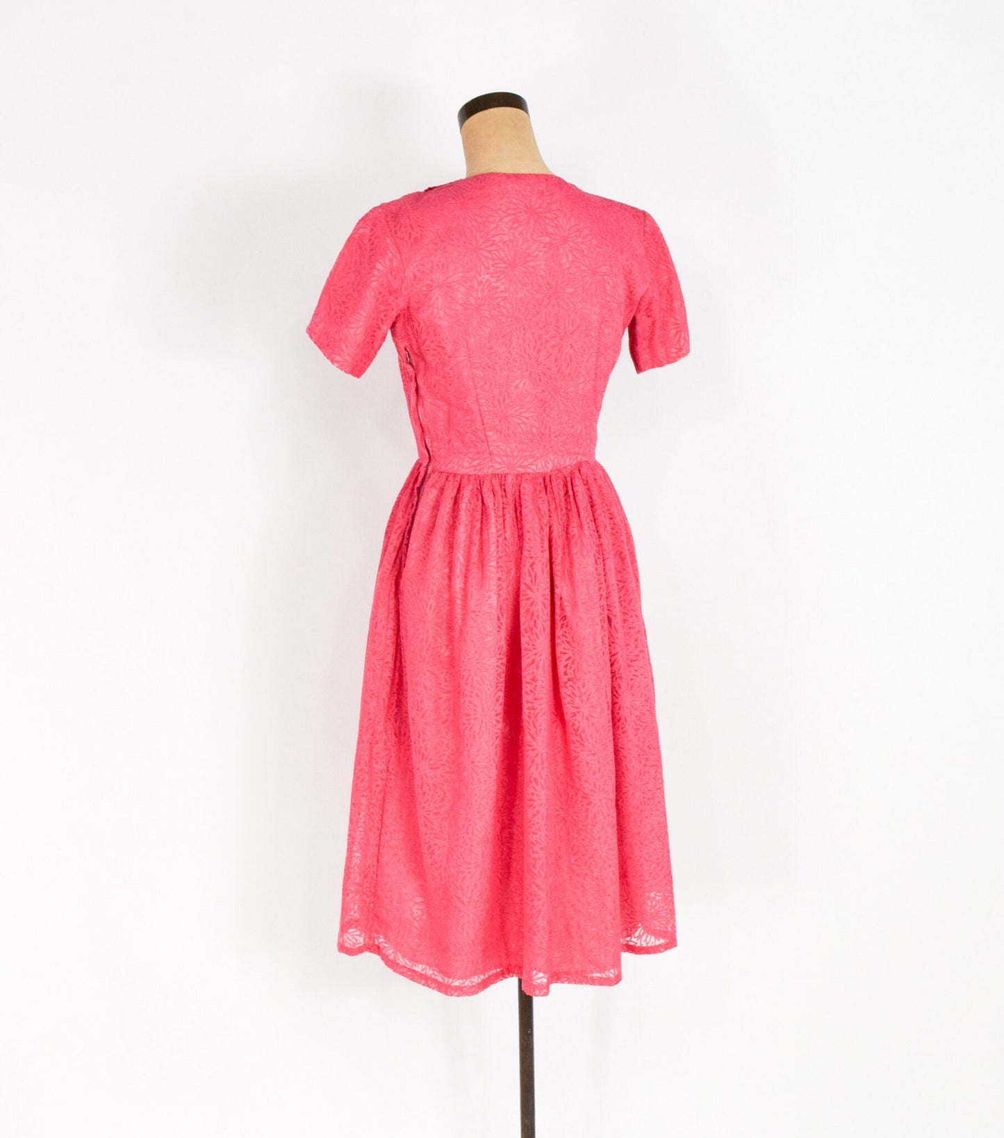 1950s Pink Chiffon Dress in Floral Burnout Fabric, Small