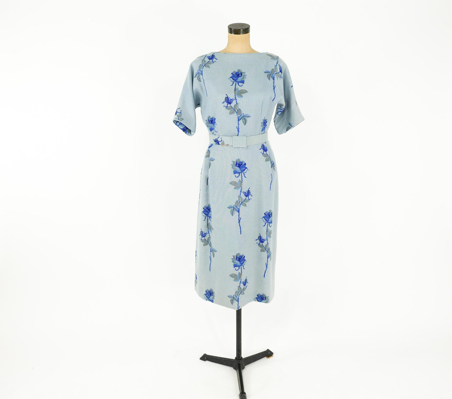 1950s Blue Floral Wool Sheath Dress, Medium