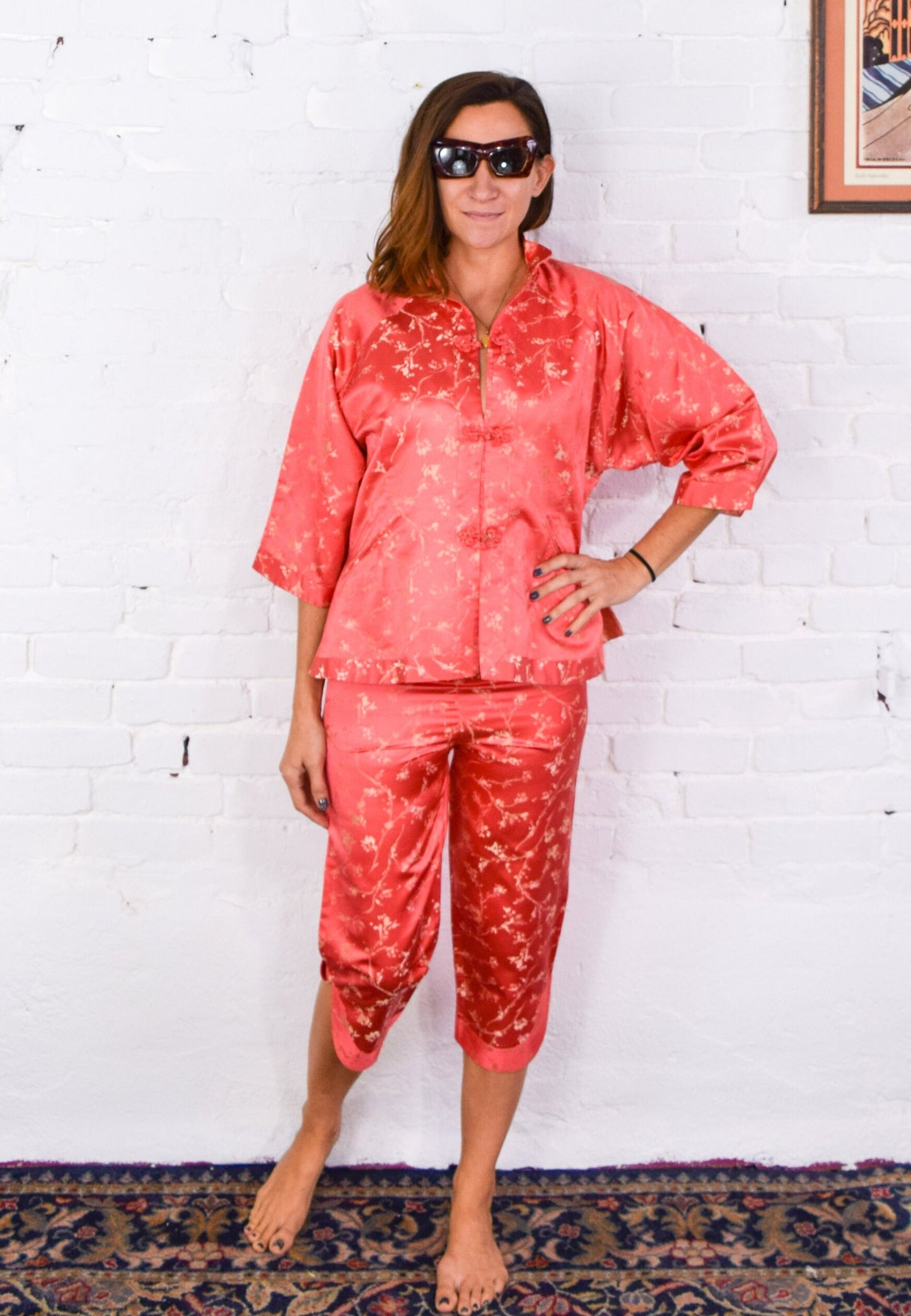 1950s Orange Asian Slacks Set | Silk Jacket & Pants, Medium