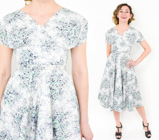 1950s Grey & White Floral Cotton Dress, Extra Small