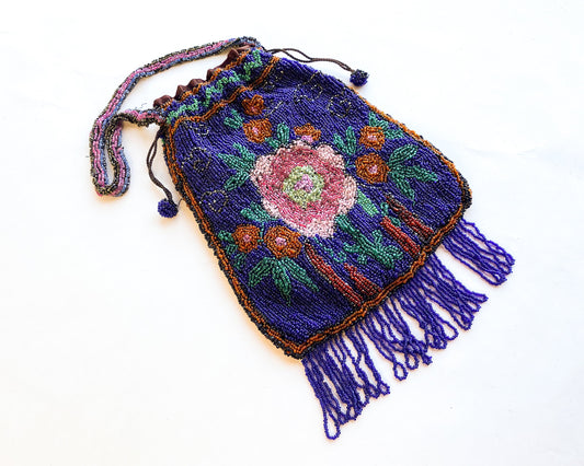 1900s Beaded Evening Bag | Blue Floral Handbag, Gustus Katz