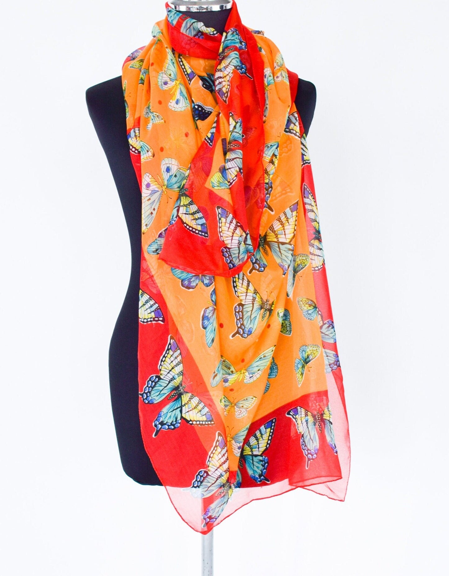1980s Butterfly Chiffon Scarf | 80s Orange & Red Sheer Butterfly Scarf | Butterfly Museum