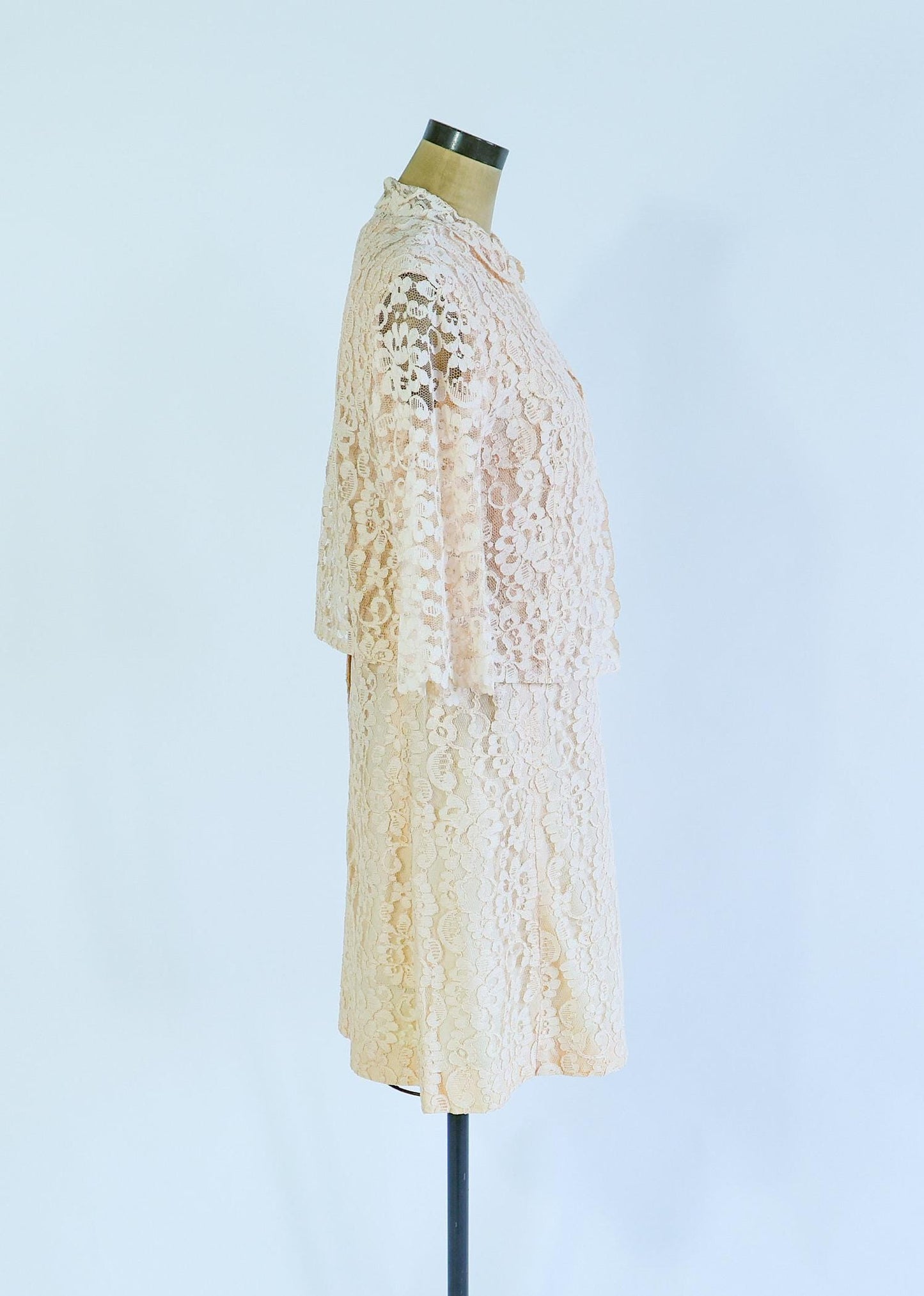 1960s Peach Lace Dress & Jacket Set, Wedding Ensemble, Large