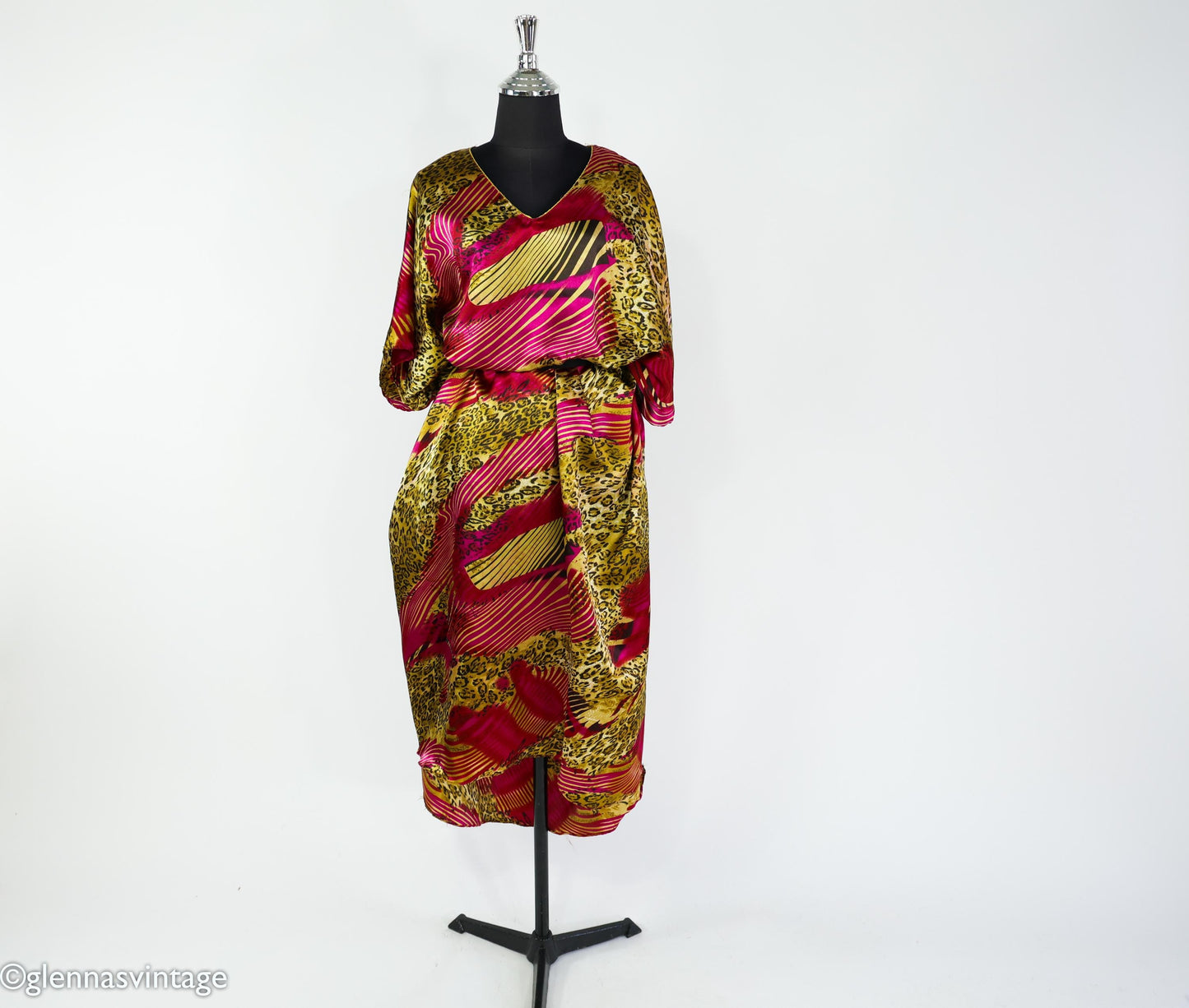 1990s Animal Print Caftan, Burgundy Pink Gold, Plus Size Silk Blend