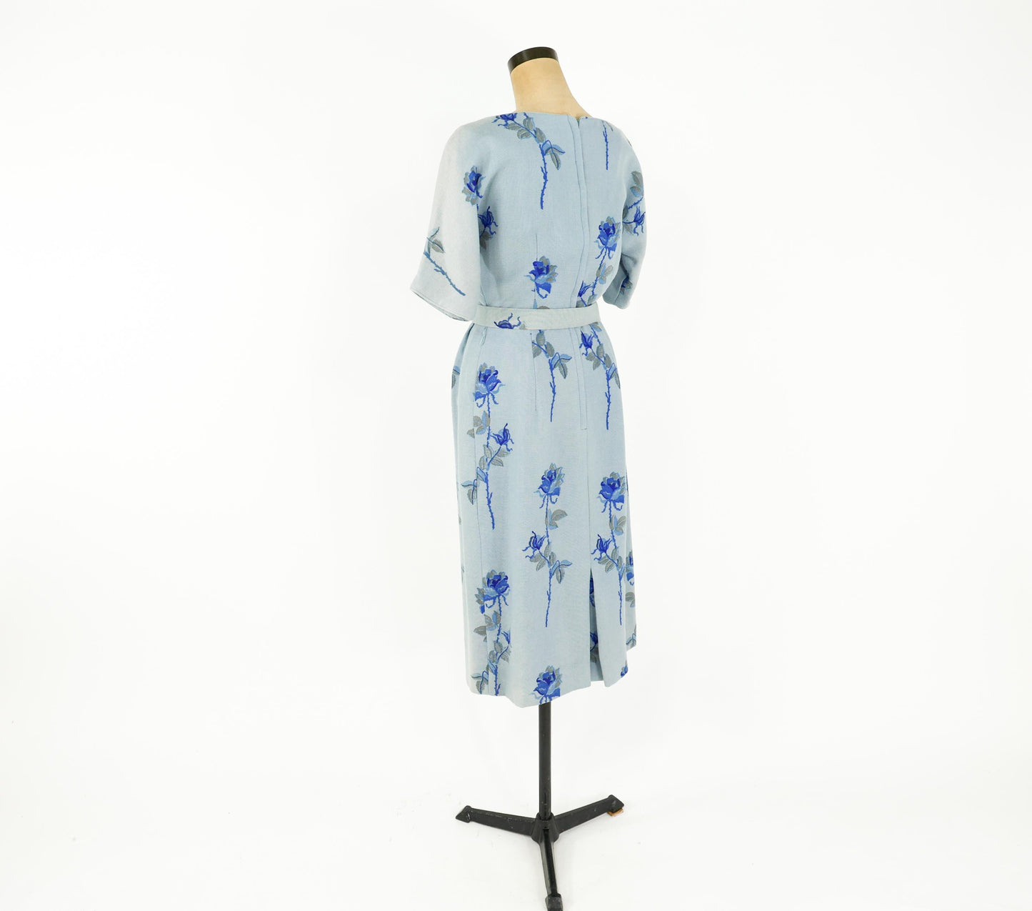1950s Blue Floral Wool Sheath Dress, Medium