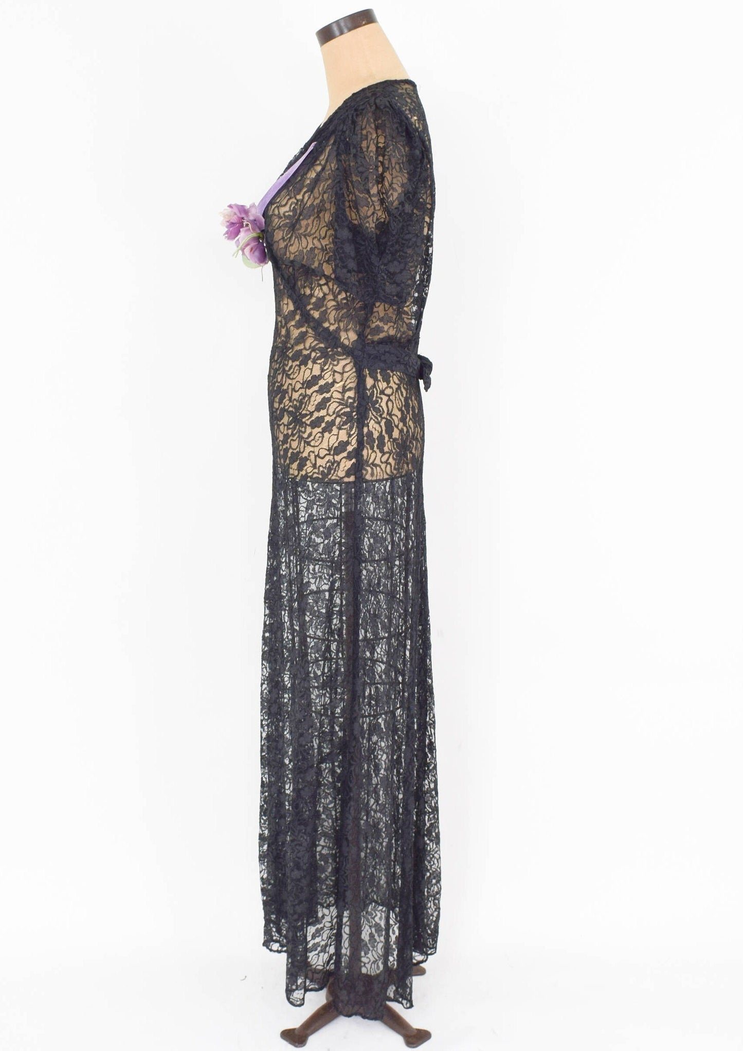 1930s Black Lace Evening Dress | 30s Black Long Floral Lace Bias Cut Dress | Downton Abbey | Large