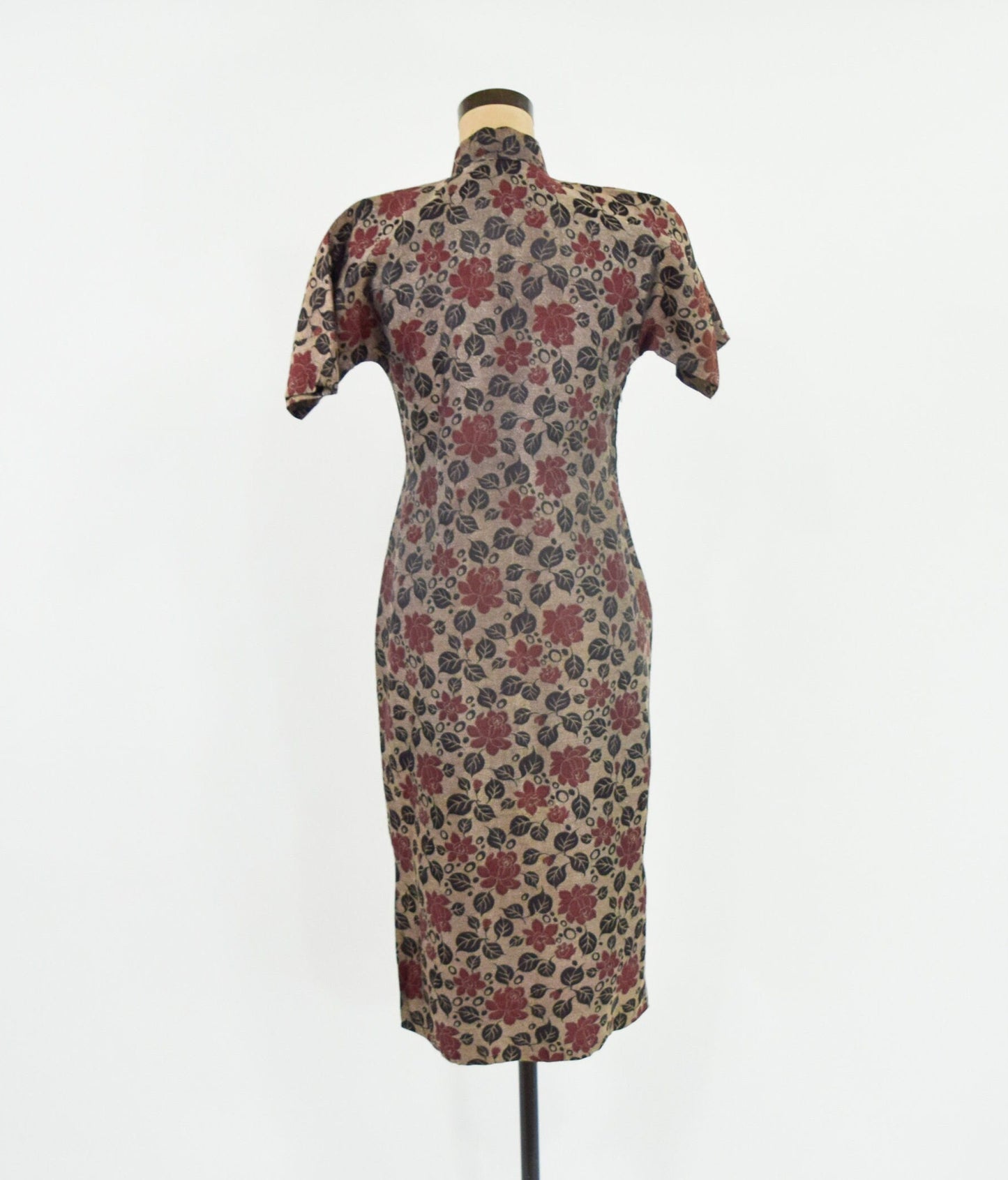 1950s Bronze & Burgundy Brocade Lamé Cheongsam Dress, Medium