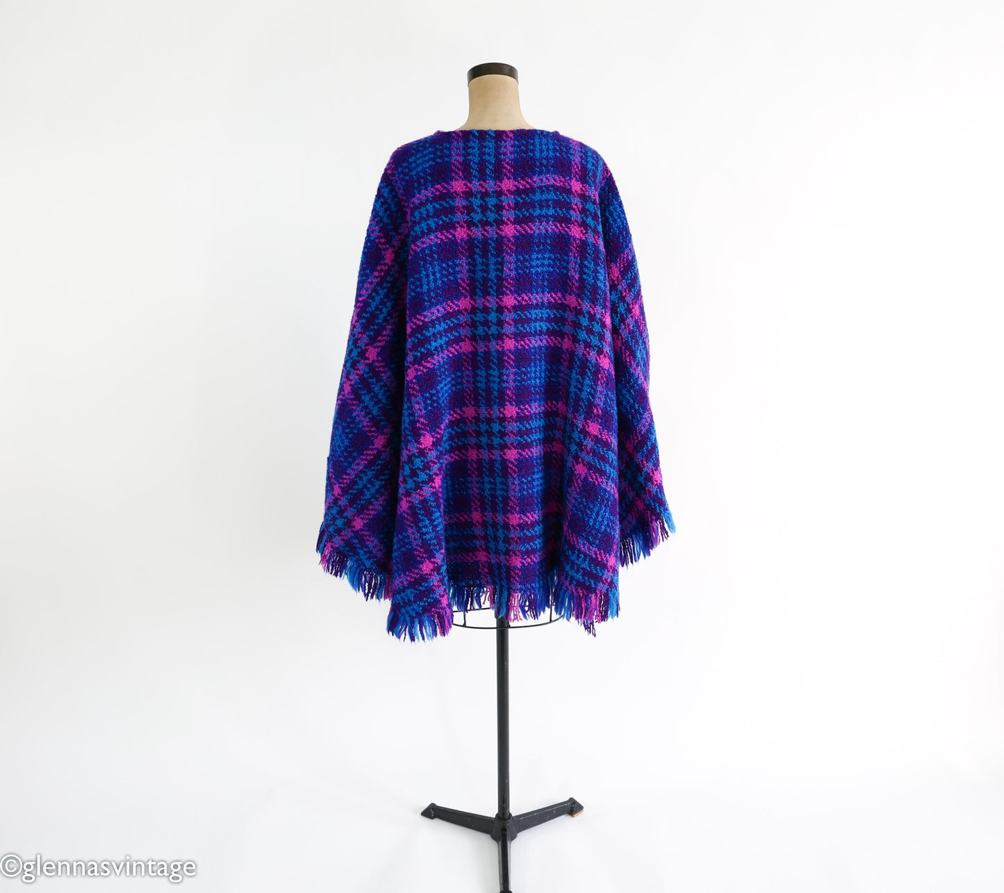 1980s Purple Blue Plaid Cape Irish Wool Cape, One Size