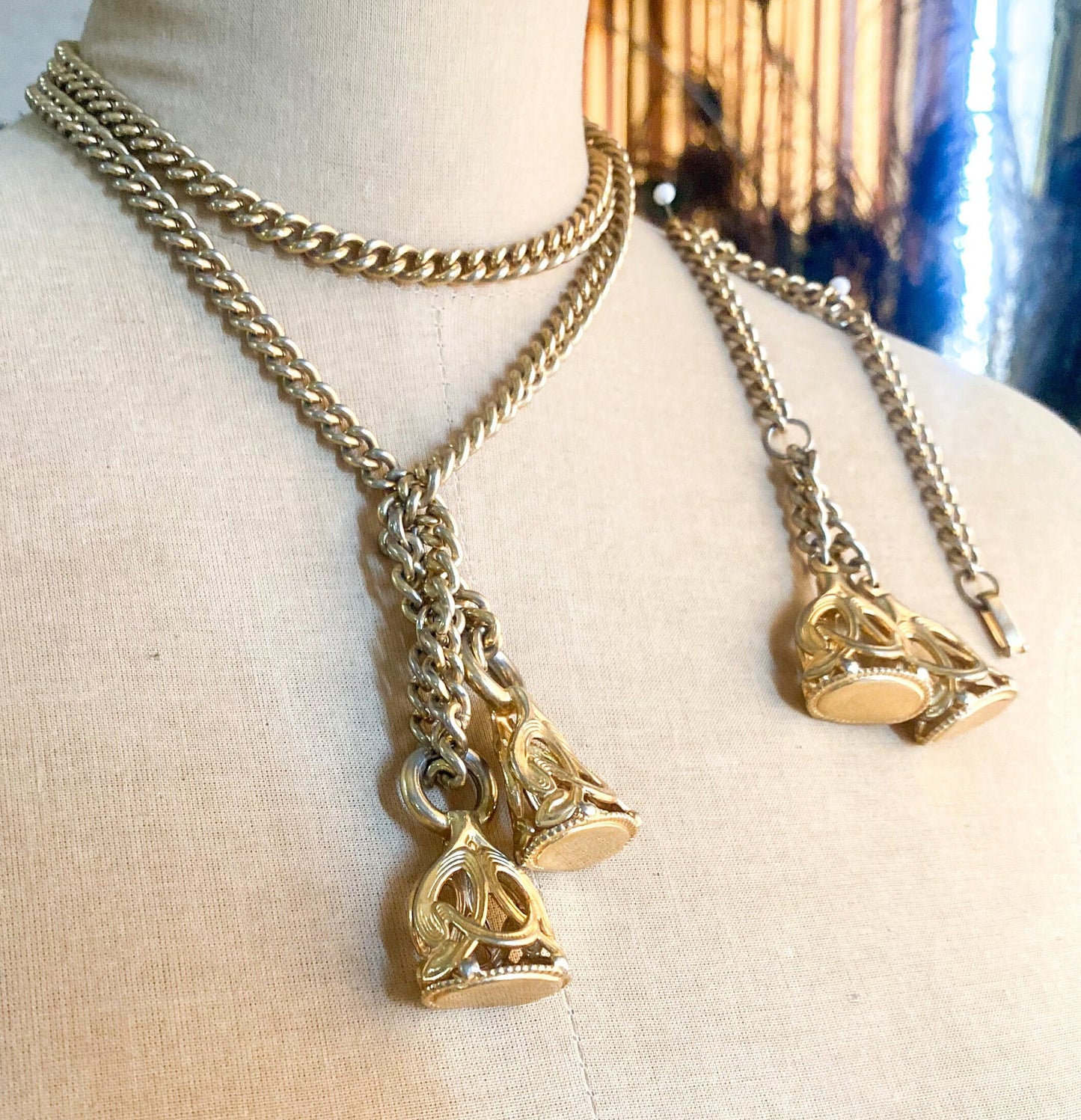 1950s Gold Metal Lariat Necklace & Bracelet Set