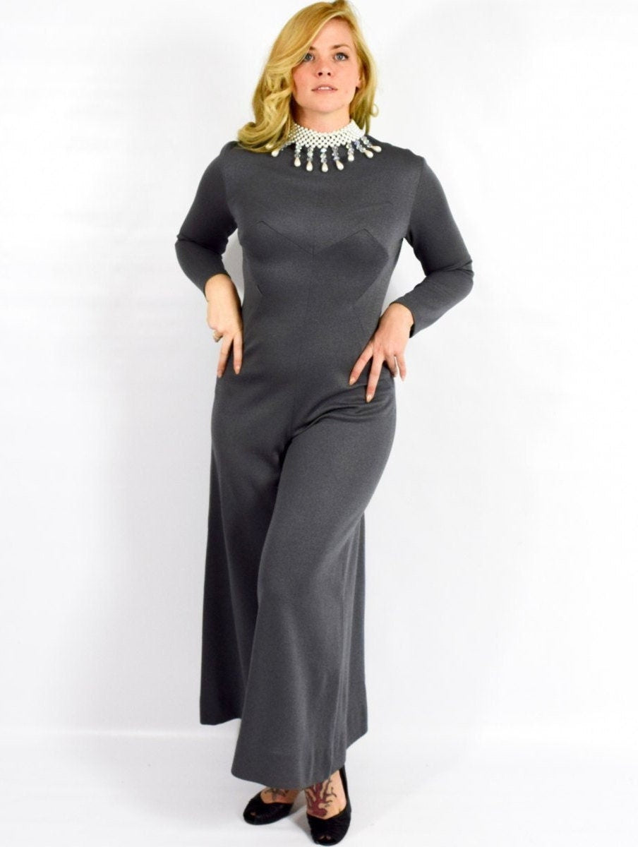 1970s Gray Knit Palazzo Jumpsuit, Medium