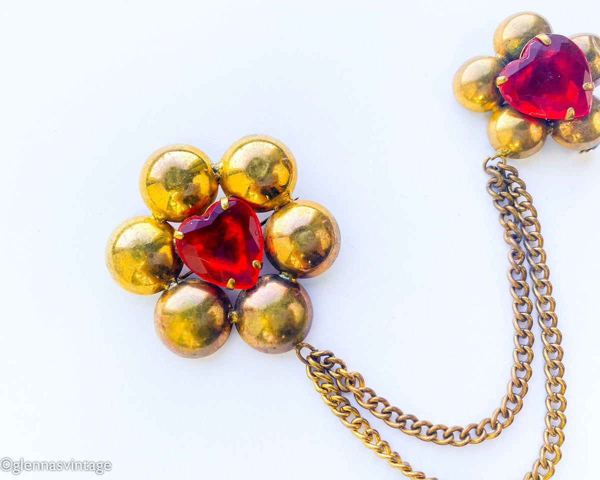 1940s Red Brass Flower Pin Set, Sweater Guard