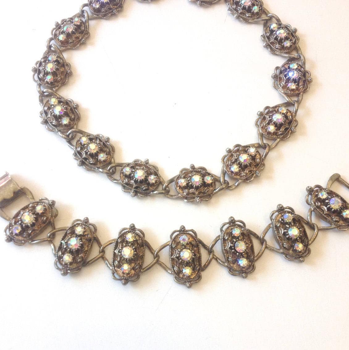 1950s Rhinestone Necklace Bracelet Set | Bronze Tone Baroque Jewelry