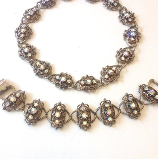 1950s Rhinestone Necklace Bracelet Set | Bronze Tone Baroque Jewelry